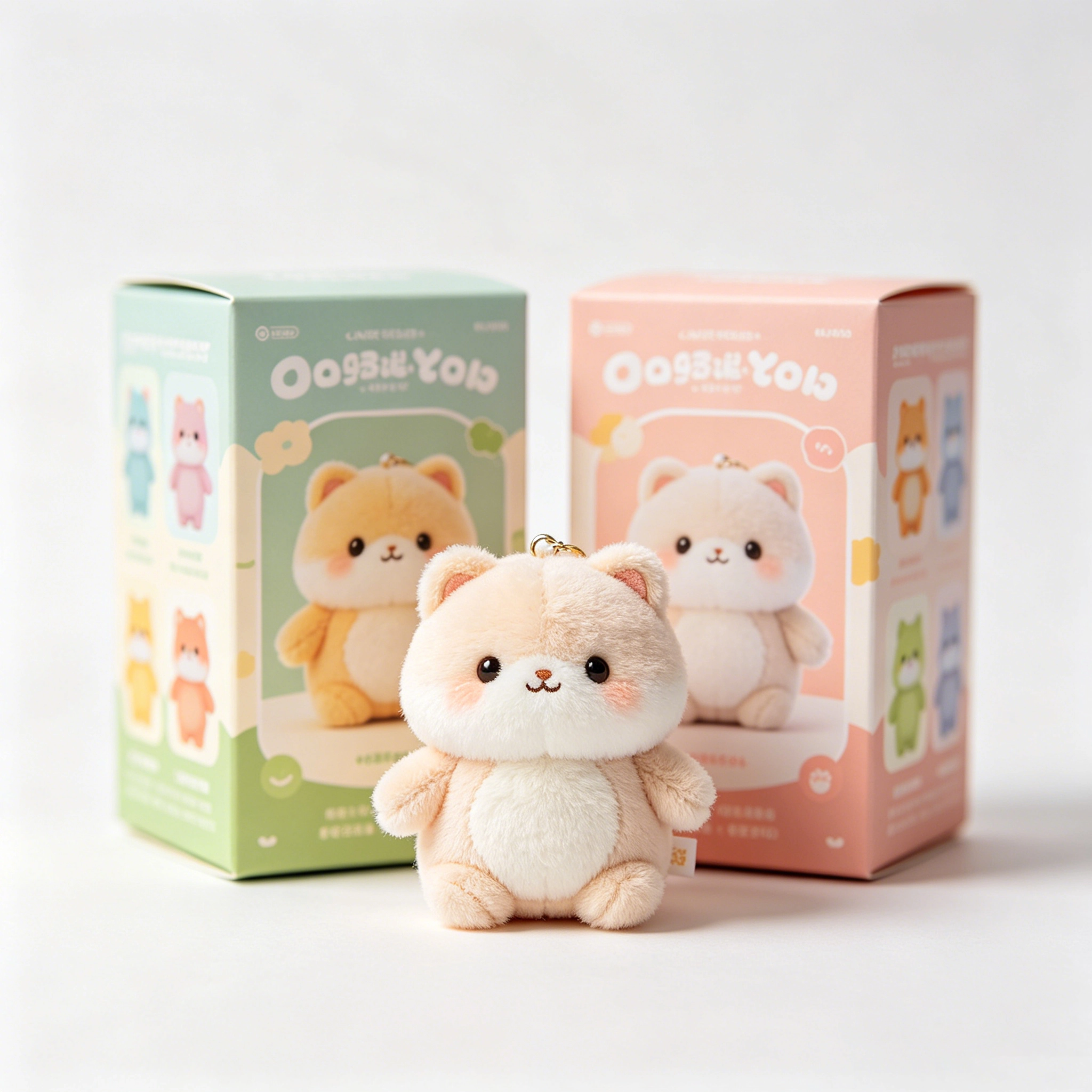 Blind box plush toys displayed with sealed mystery boxes and collectible plush characters for a surprise plush toy series