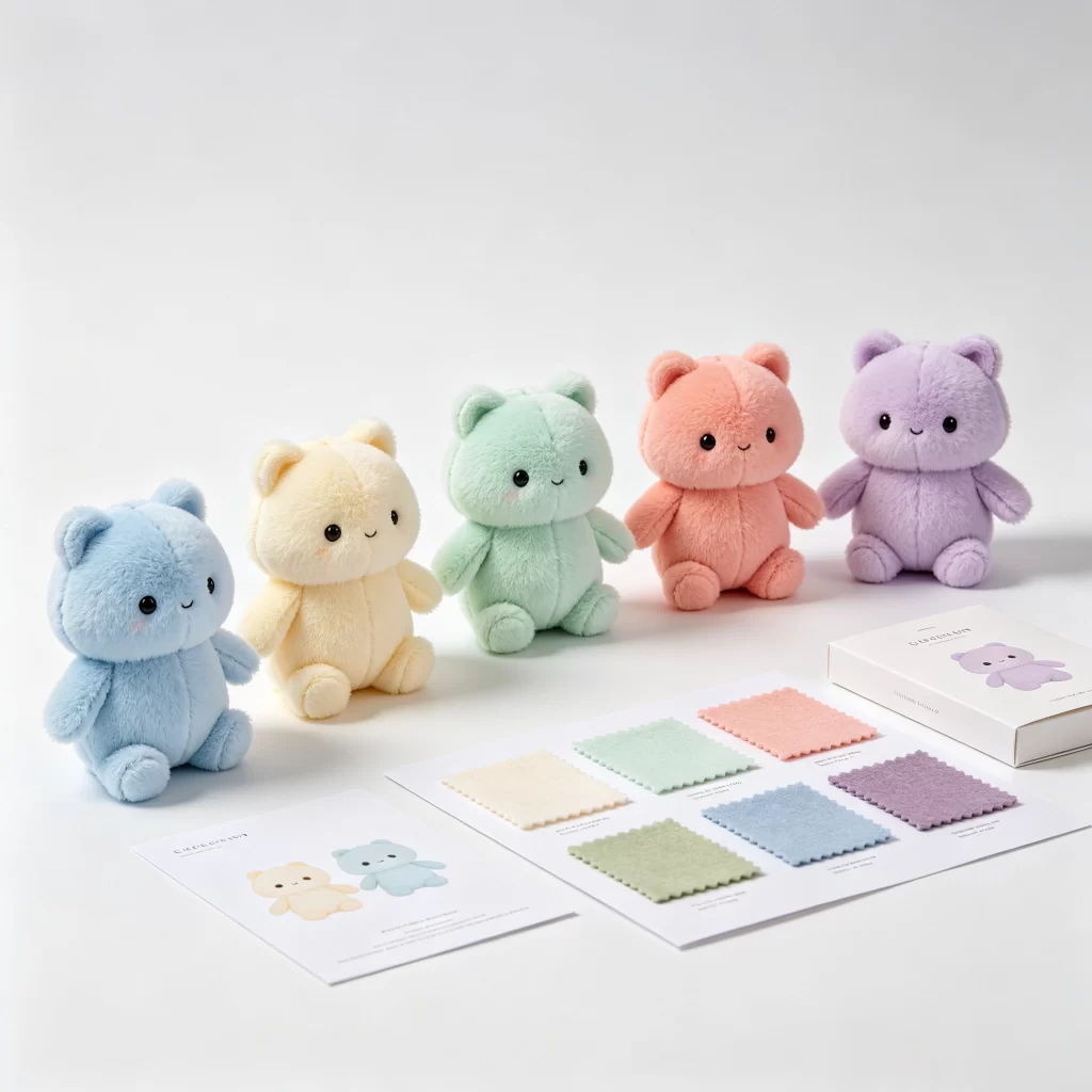 Collectible plush toy series with multiple character variations, packaging concepts and sample review layout for brand development