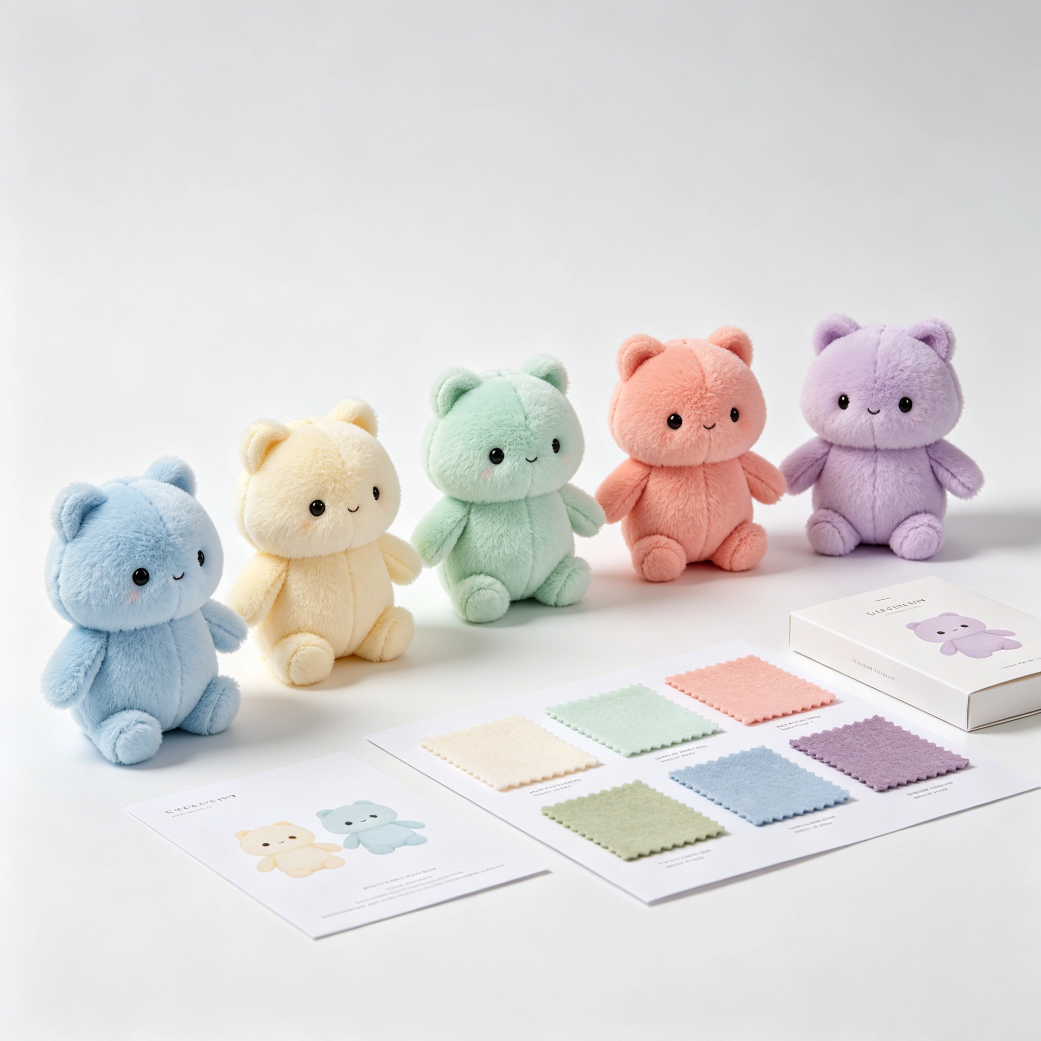 Collectible plush toy series with multiple character variations, packaging concepts and sample review layout for brand development