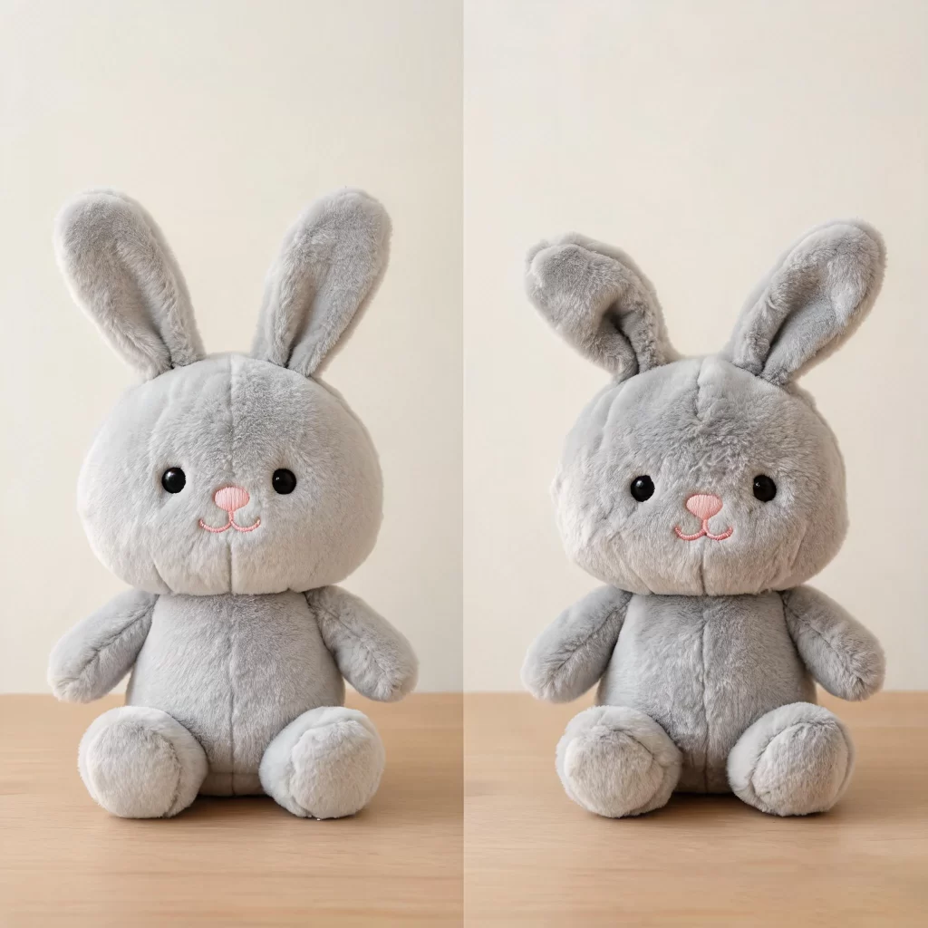 Premium plush toy sample showing balanced shape, soft fabric texture, clean face embroidery and controlled stuffing beside a lower quality plush design comparison