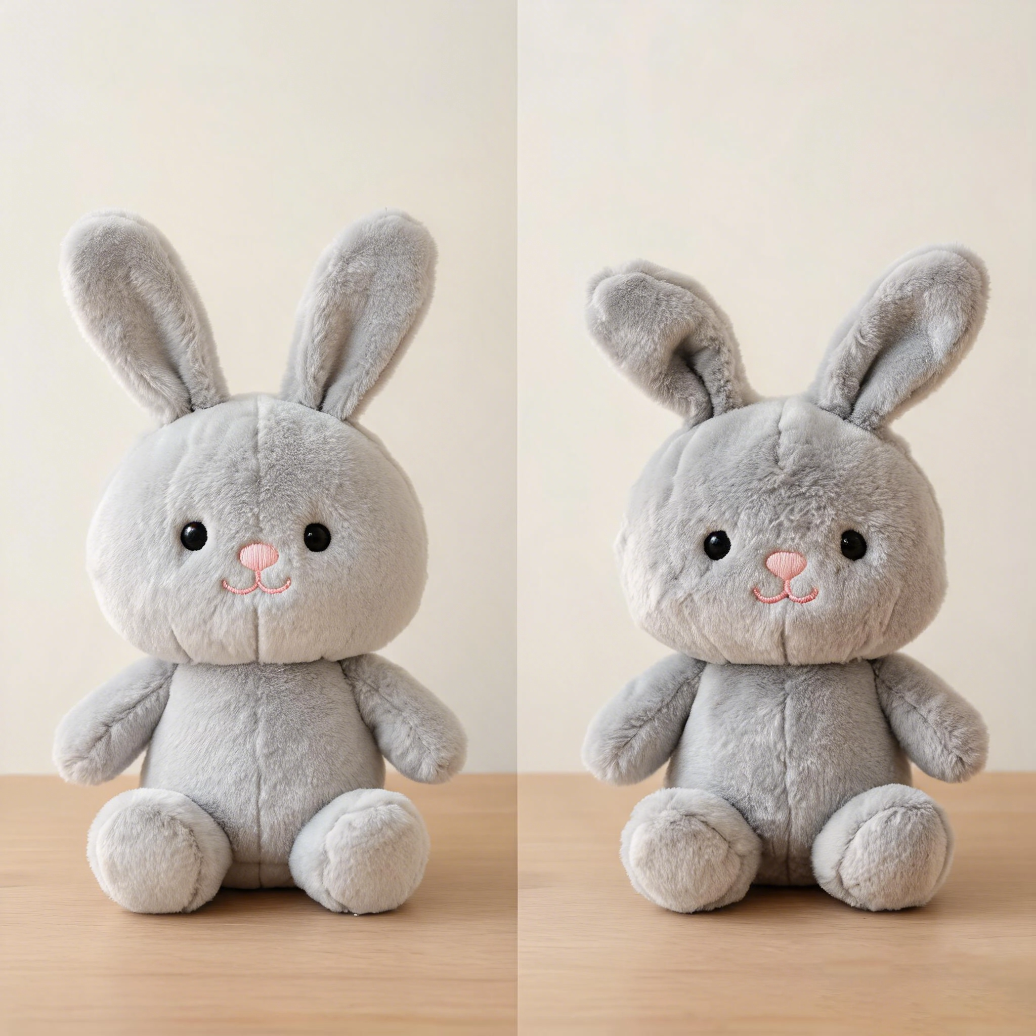 Premium plush toy sample showing balanced shape, soft fabric texture, clean face embroidery and controlled stuffing beside a lower quality plush design comparison