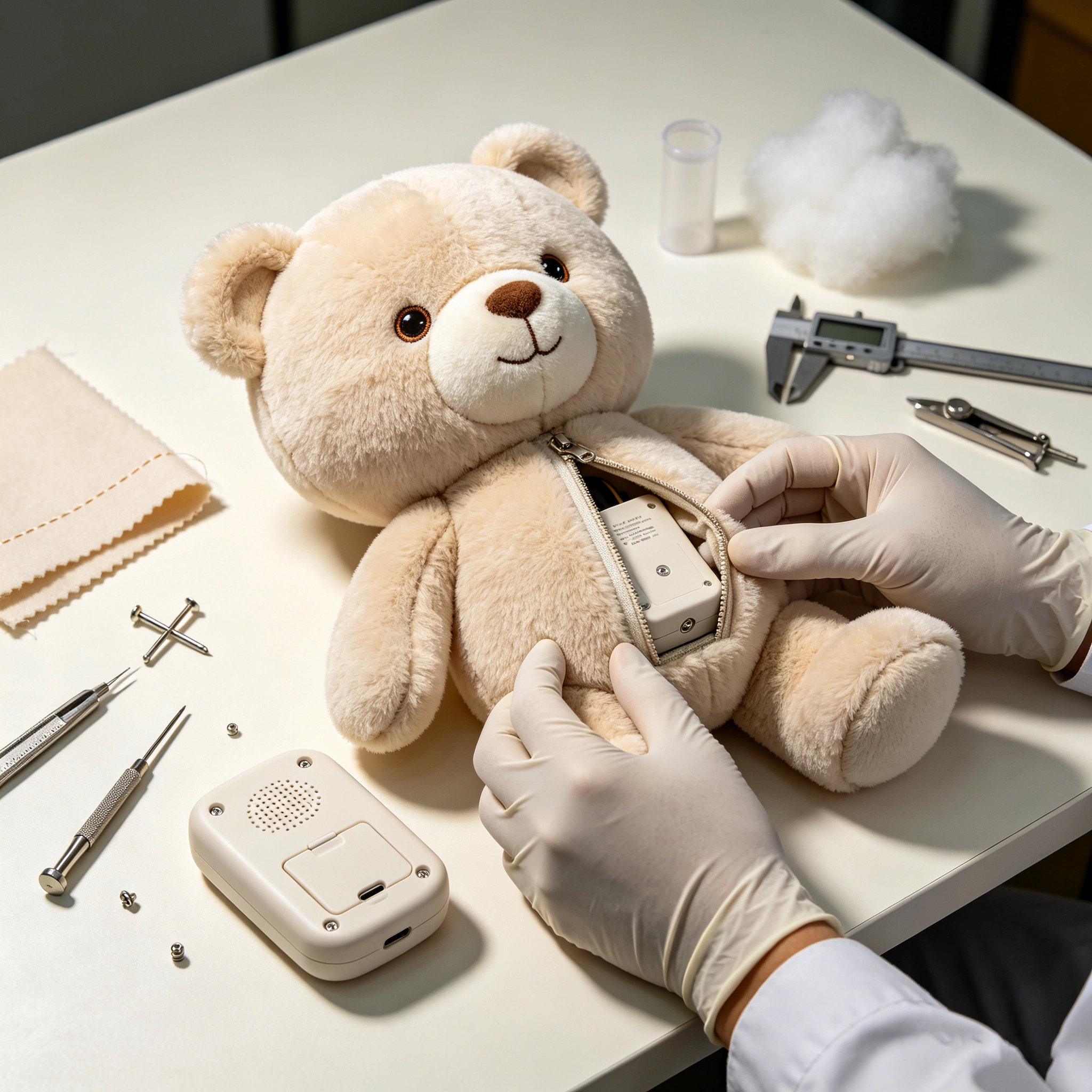 Safety checklist showing plush fabric seams battery module speaker microphone and privacy review for AI plush toys