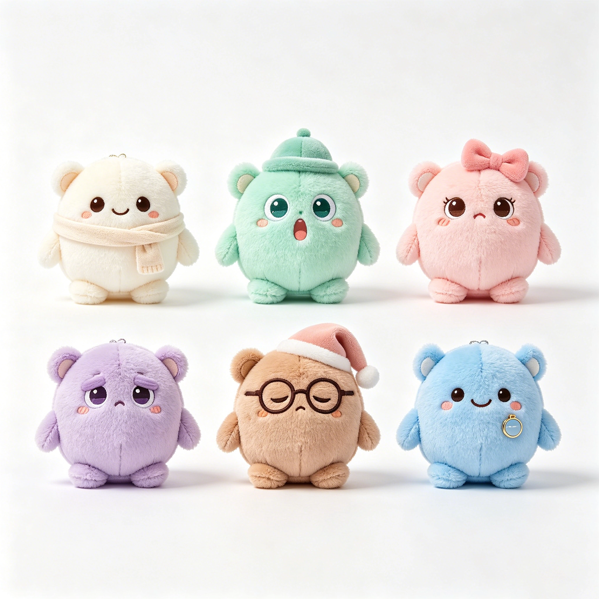 Mystery plush box collection showing multiple plush characters and a simple collector checklist concept