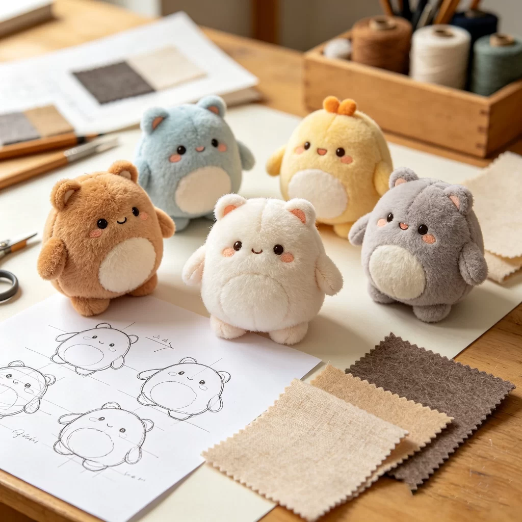 Plush character collection showing consistent design rules, shared proportions, color direction and expression variations