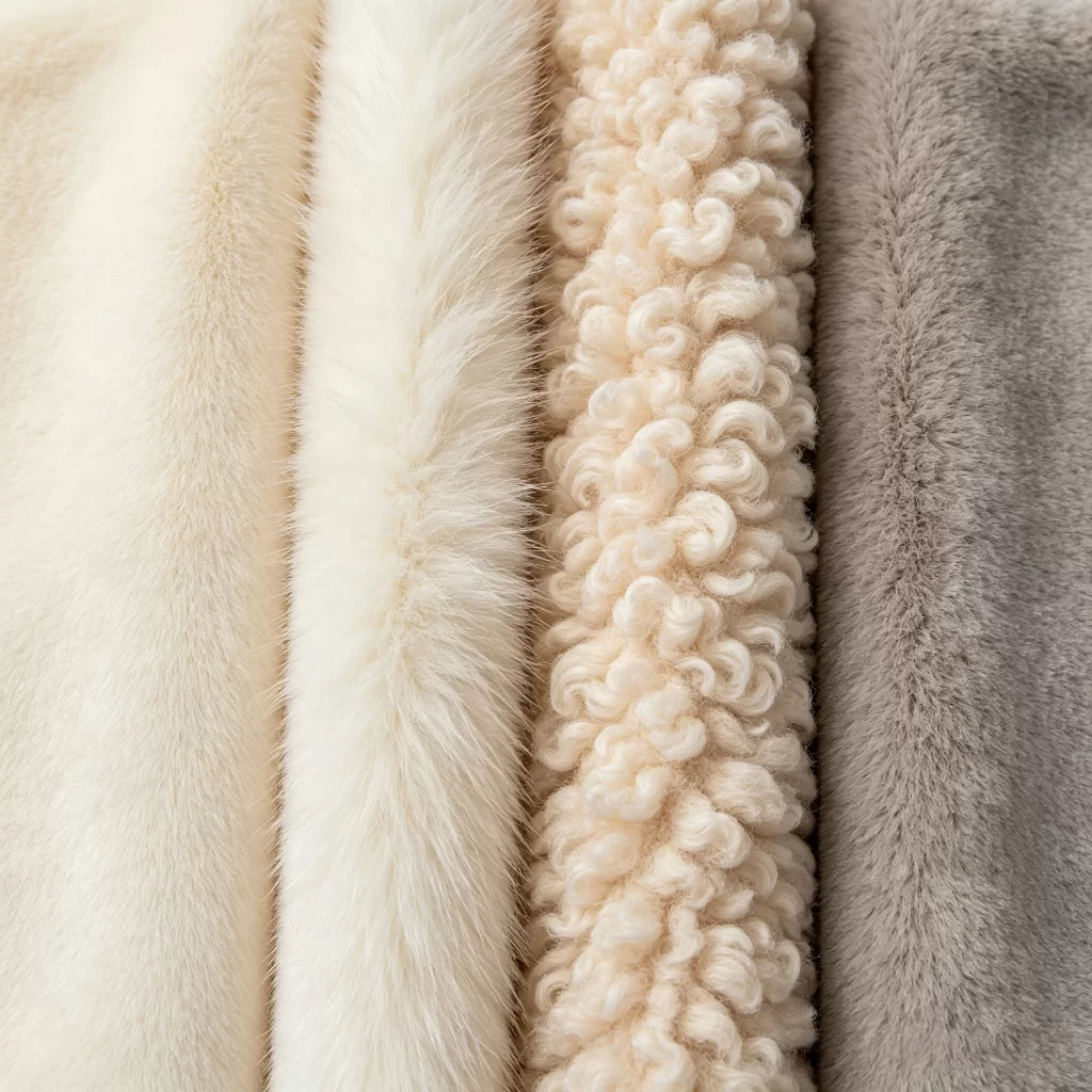 Close-up of plush fabric swatches including minky, faux fur, sherpa and short plush used for premium custom stuffed animal development