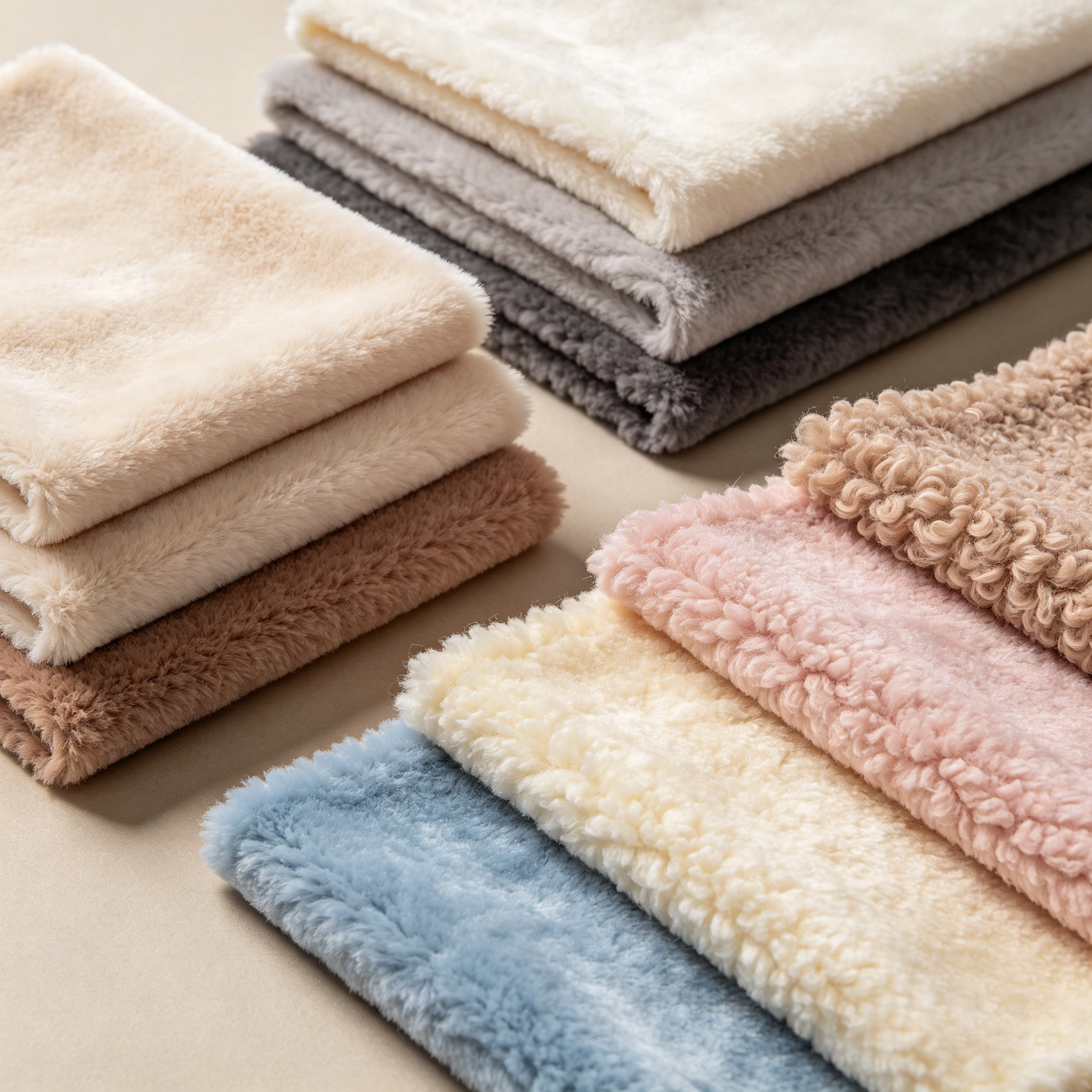 Multiple recycled polyester plush fabric swatches for plush toy material selection