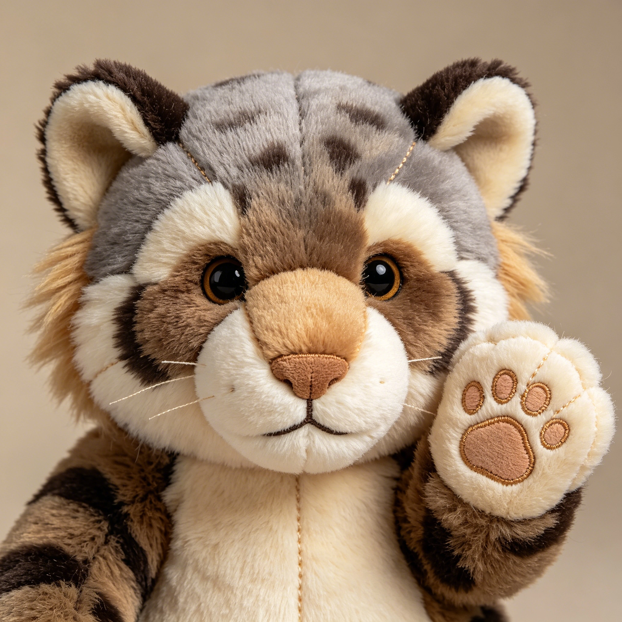 Close-up of a realistic plush toy showing embroidered facial details and soft fabric texture
