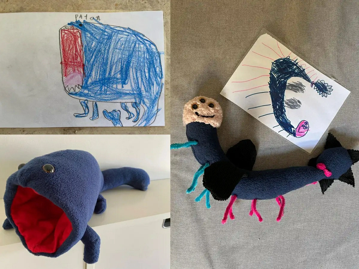 Hand-drawn animal character displayed beside a plush sample with matching uneven eyes, long ears and rounded body shape