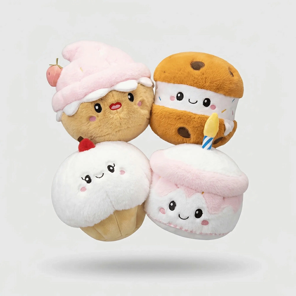 A coordinated collection of soft fruit, bakery, drink, and dessert plush characters displayed together