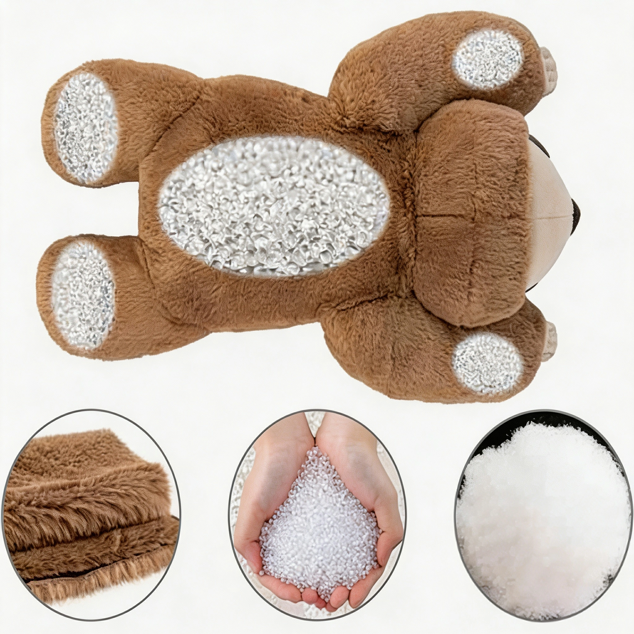 Side-by-side plush toy construction showing standard fiberfill and a secured weighted compartment