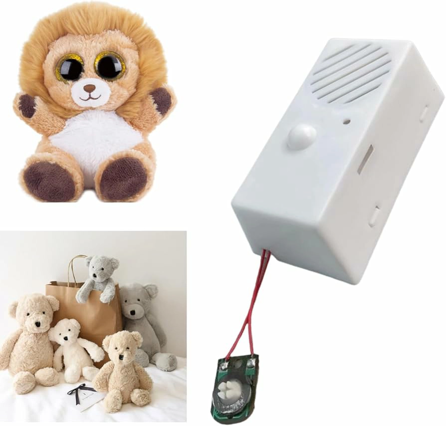 Smart plush toy displayed beside a removable speaker, sensor, battery compartment and electronic control module