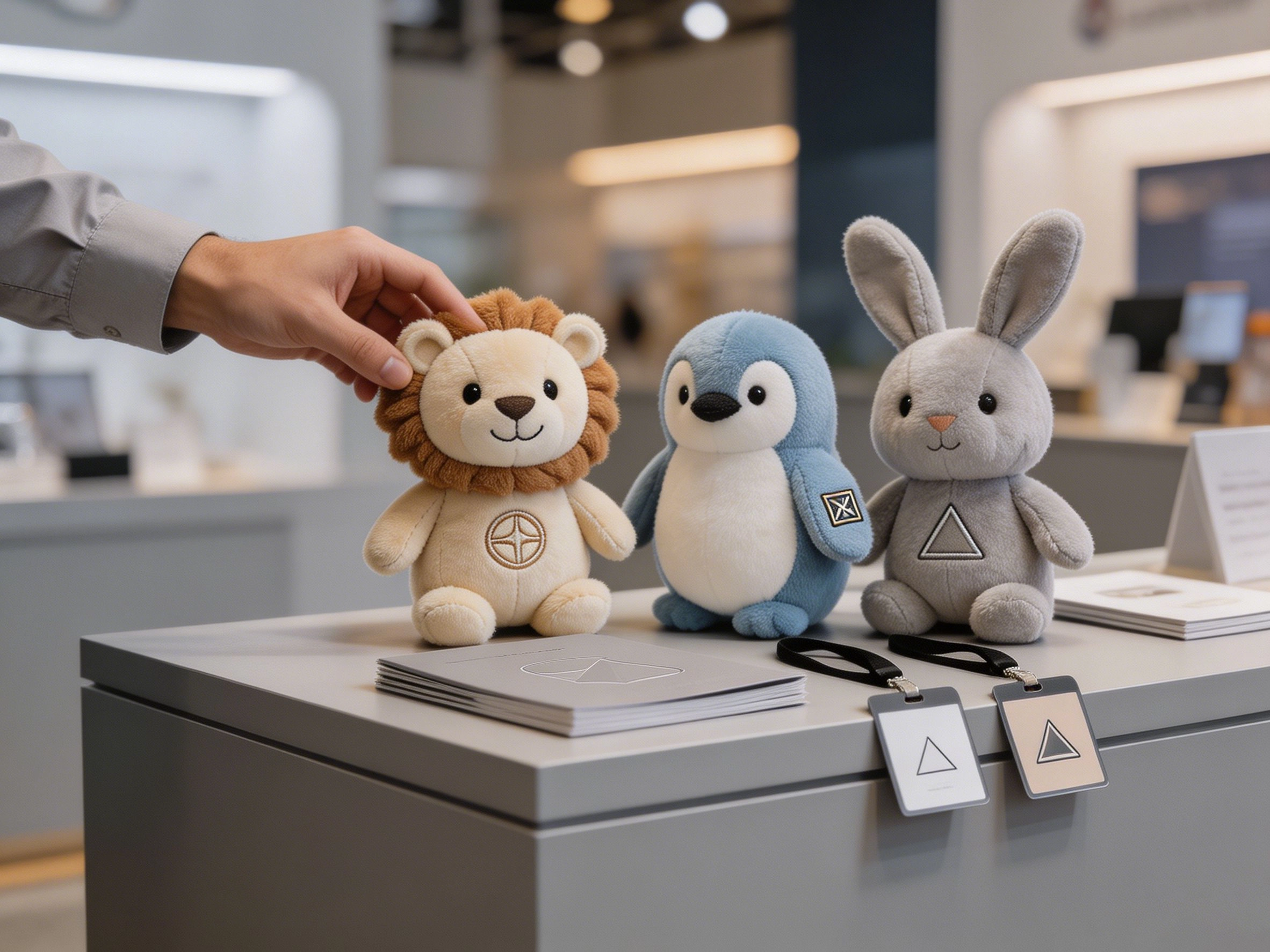 Promotional plush giveaways displayed at a trade show booth for exhibitions, product launches and branded event campaigns