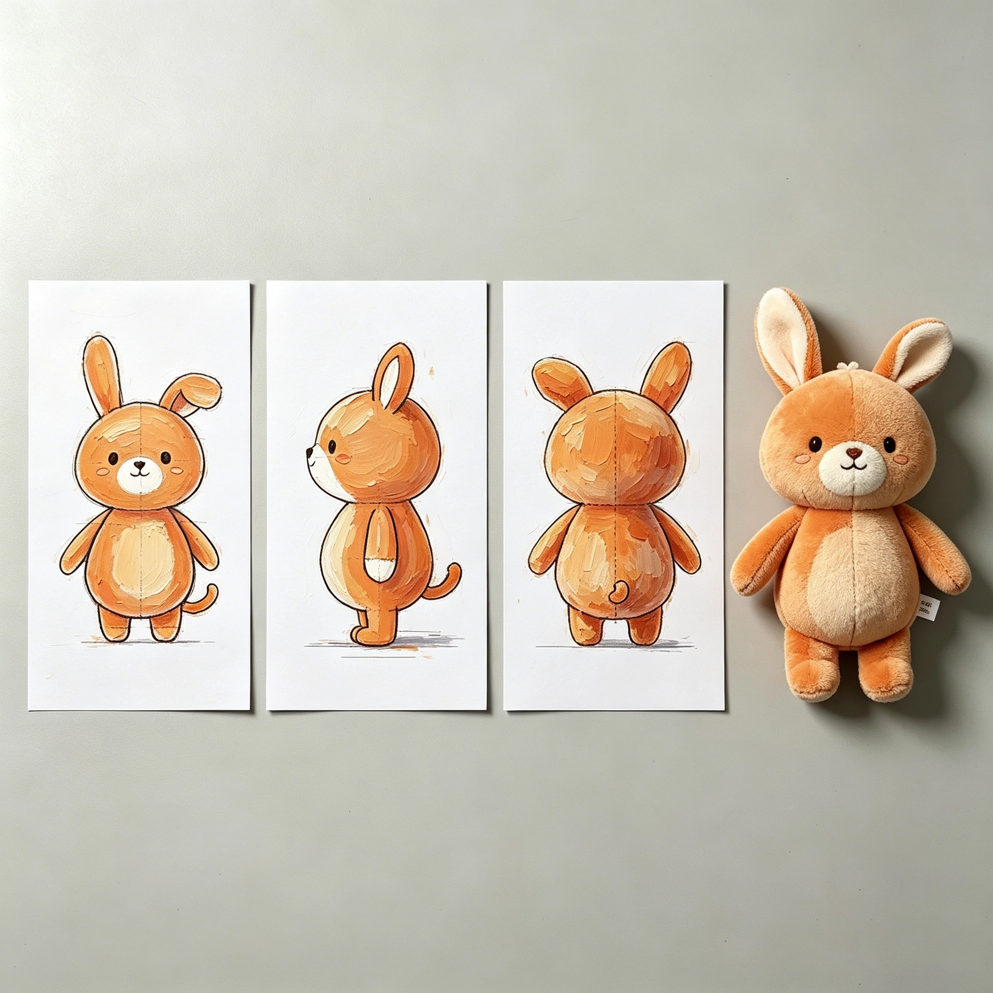 Development diagram showing how a front-view character drawing is interpreted into front, side and back plush toy views