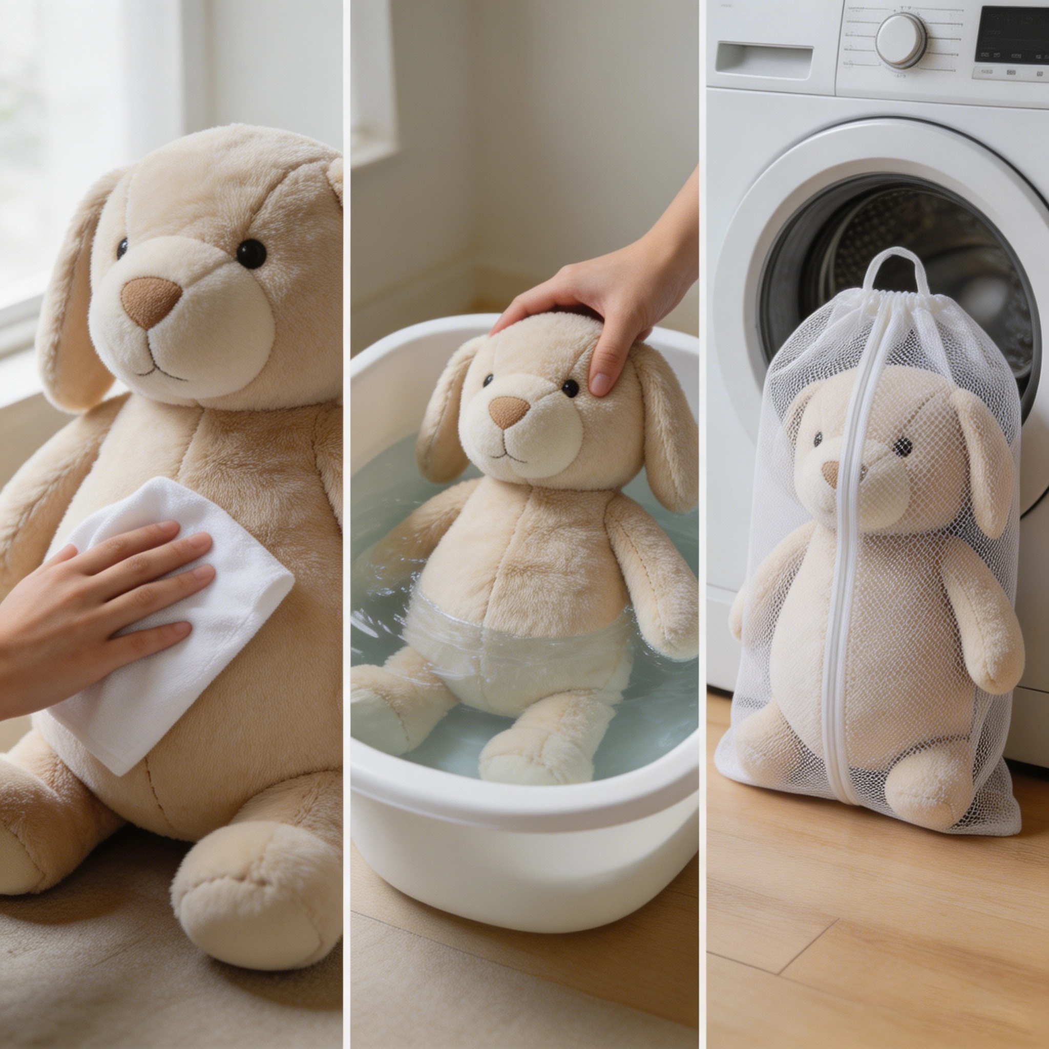 Three simple cleaning scenes showing spot cleaning, hand washing, and machine washing options for plush toys.