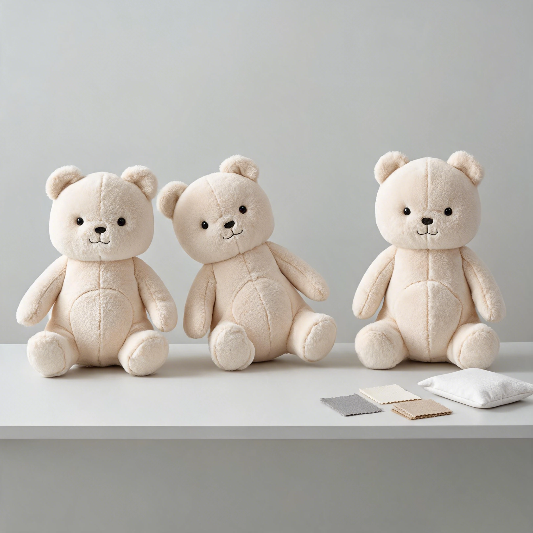 Three weighted plush prototypes being compared for upright posture and lower-body balance