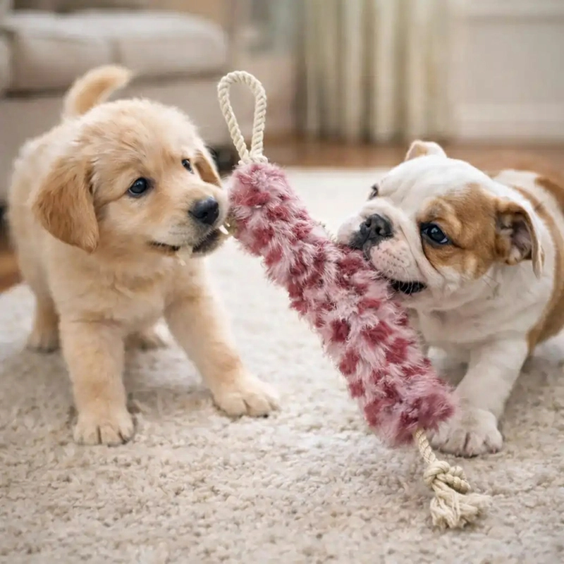 Dog tug plush toy with rope parts designed for pulling, dragging, carrying, and interactive dog play