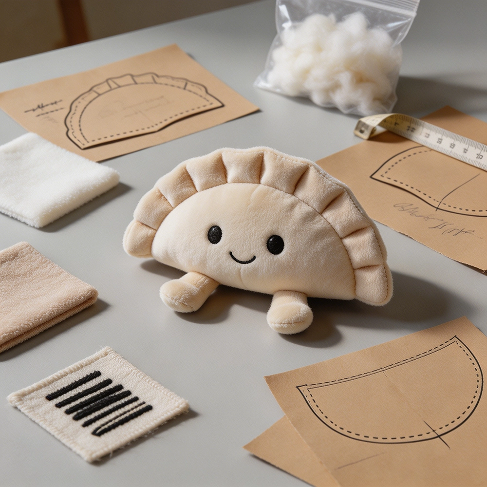 A dumpling plush prototype reviewed beside paper patterns, fabric swatches, embroidery samples, and measurement tools