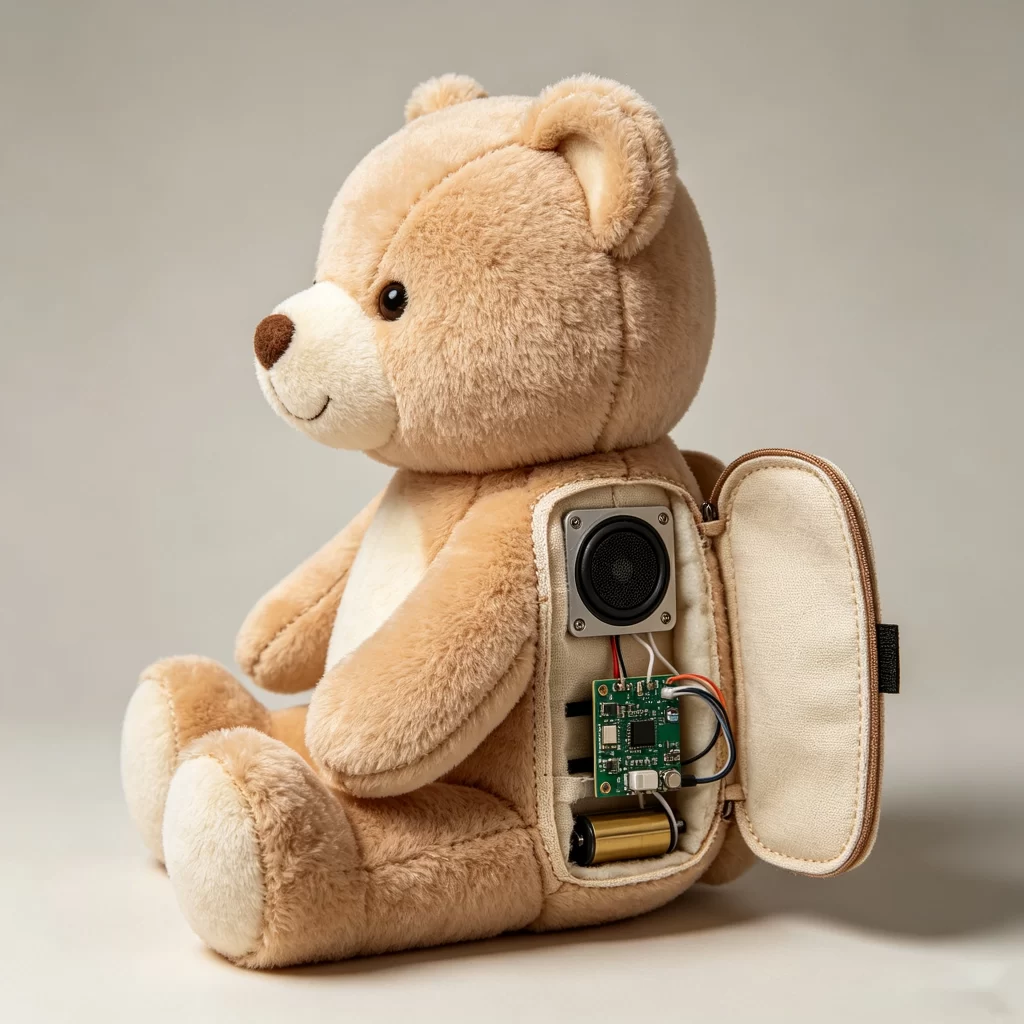 Cutaway view showing a secured electronic module, speaker, sensor, wiring and service opening inside a plush toy