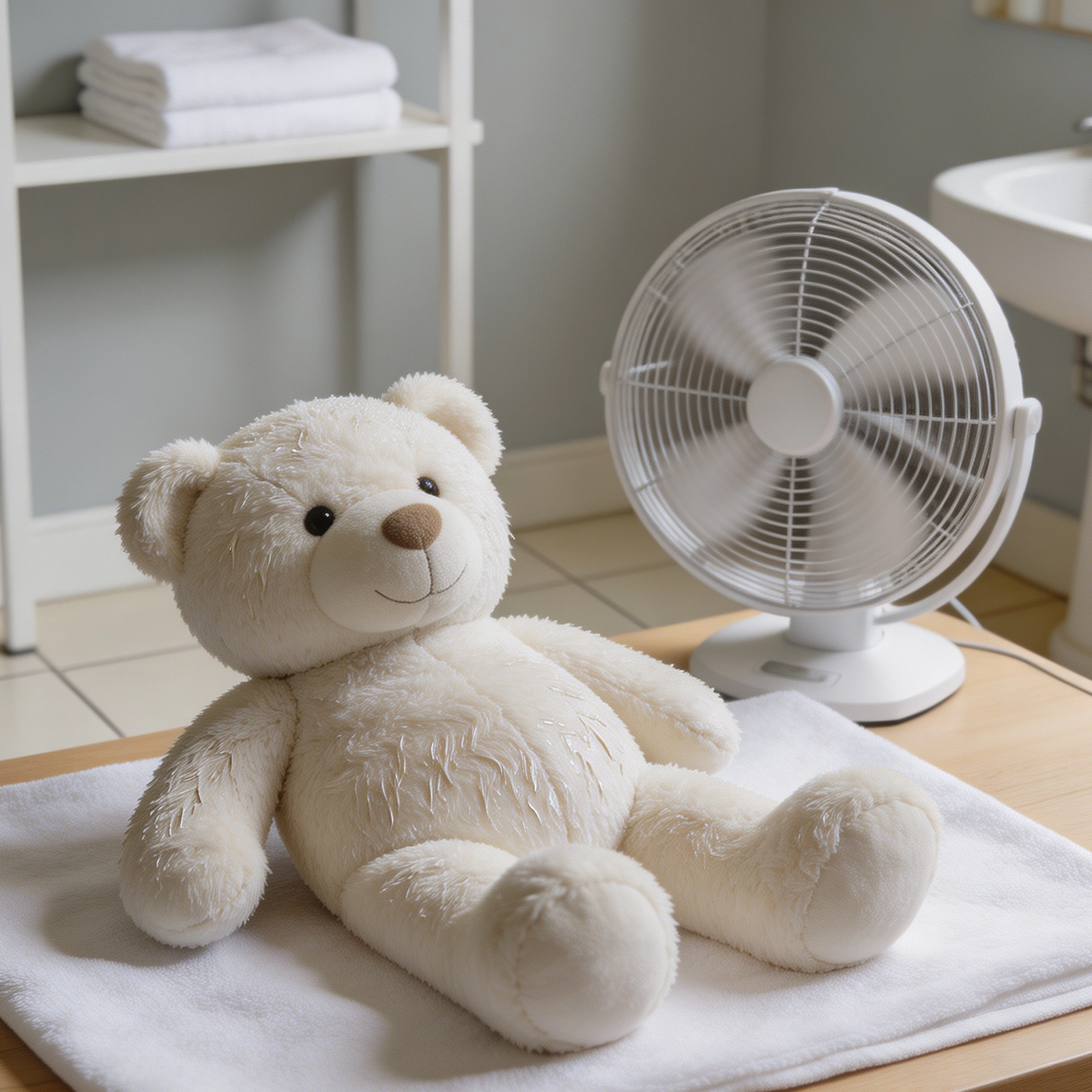 A large stuffed animal drying flat on clean towels with a fan nearby in a ventilated room.