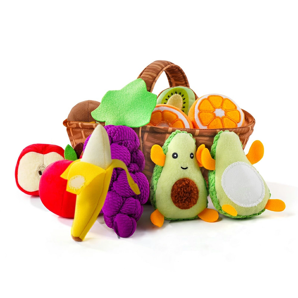 Five coordinated breakfast plush characters displayed with simple unbranded retail packaging