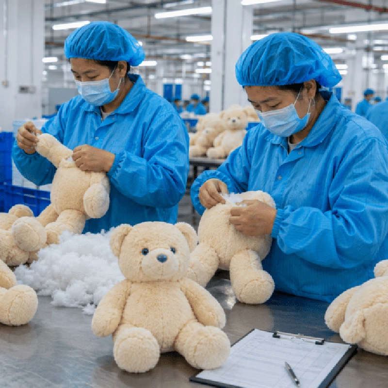 A plush toy sample being checked for seam strength, embroidered details, label placement, and loose part risks