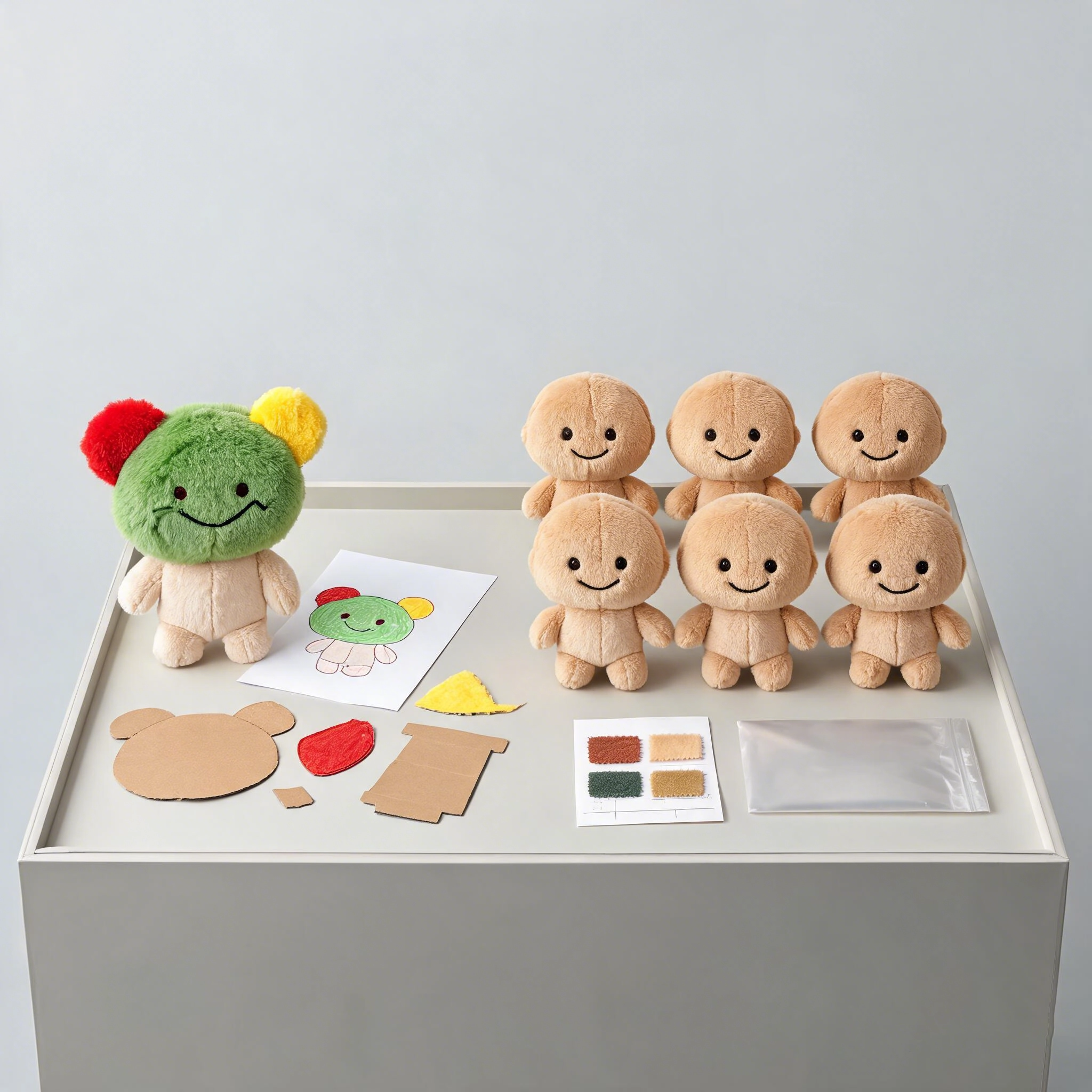One unique drawing-based plush displayed beside six matching units prepared for commercial production review