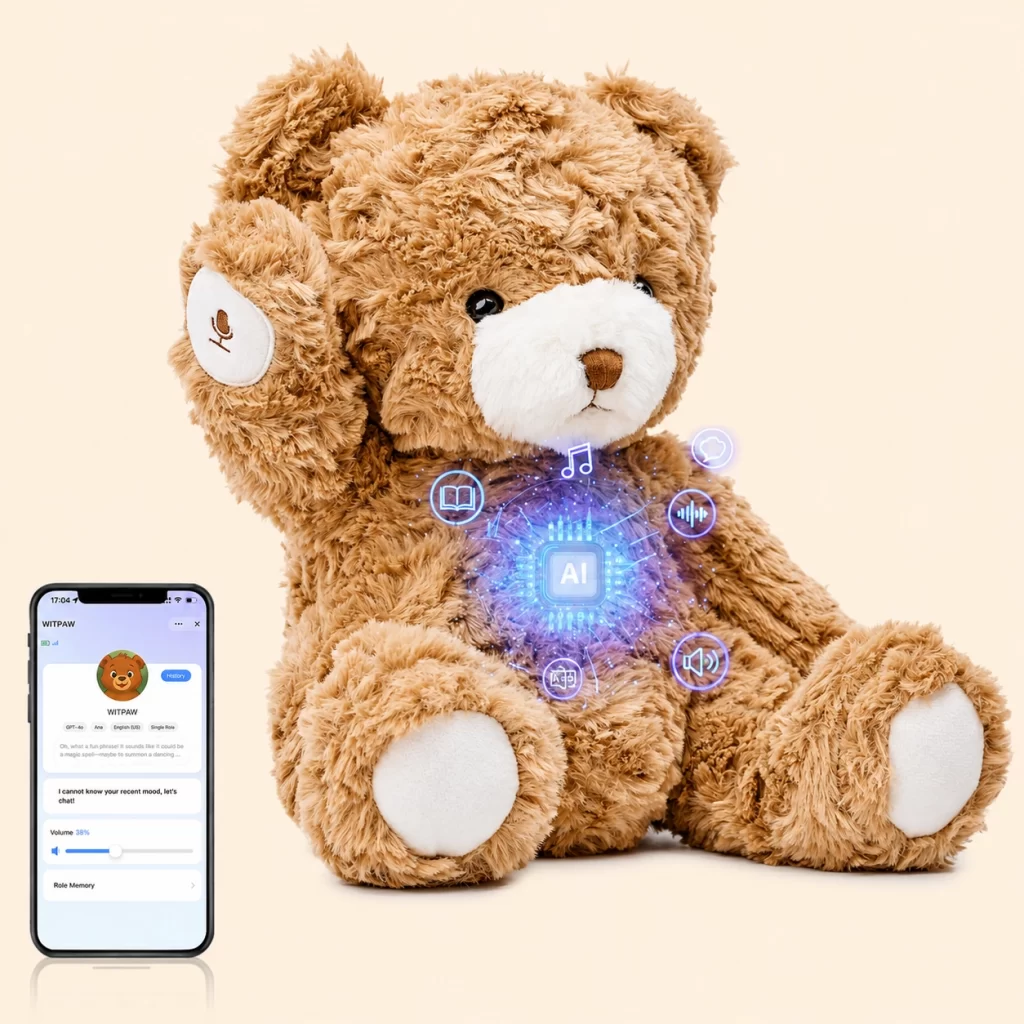App connected plush toy with content updates, remote messages, and language settings