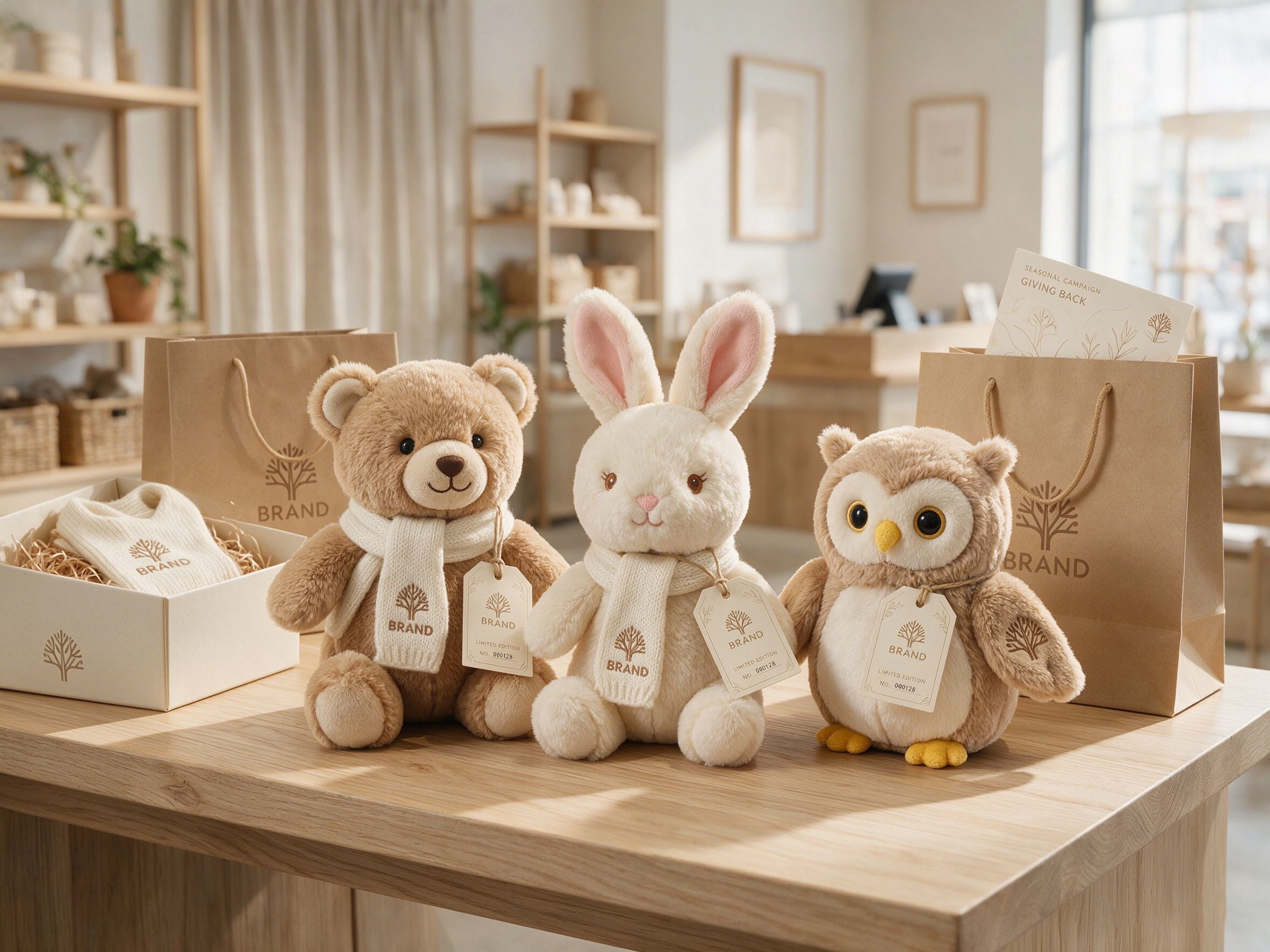 Branded promotional plush toys displayed for retail promotions, charity fundraising and seasonal marketing campaigns