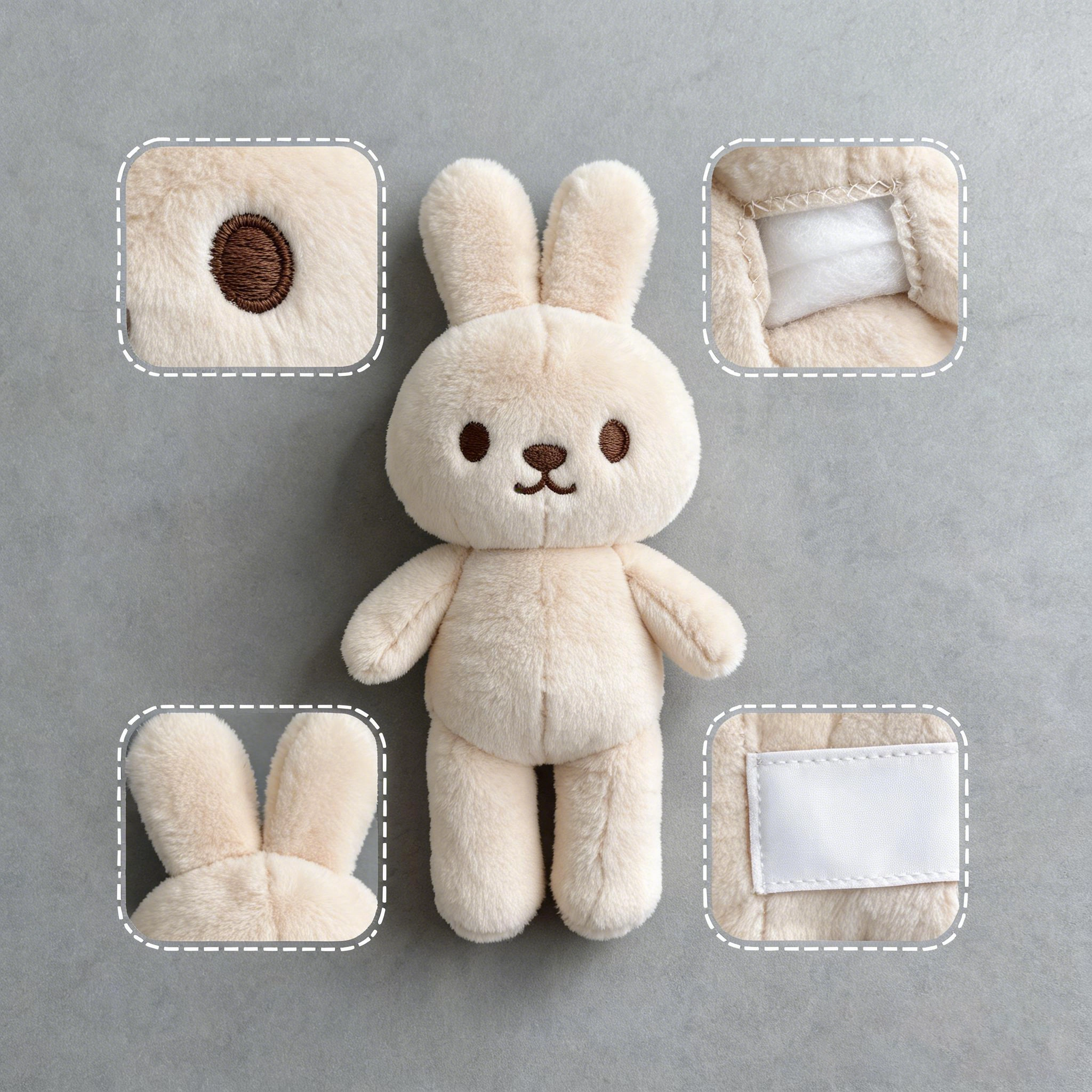 Close-up inspection of embroidered eyes, reinforced seams, enclosed filling and sewn-in label placement on a children’s plush sample