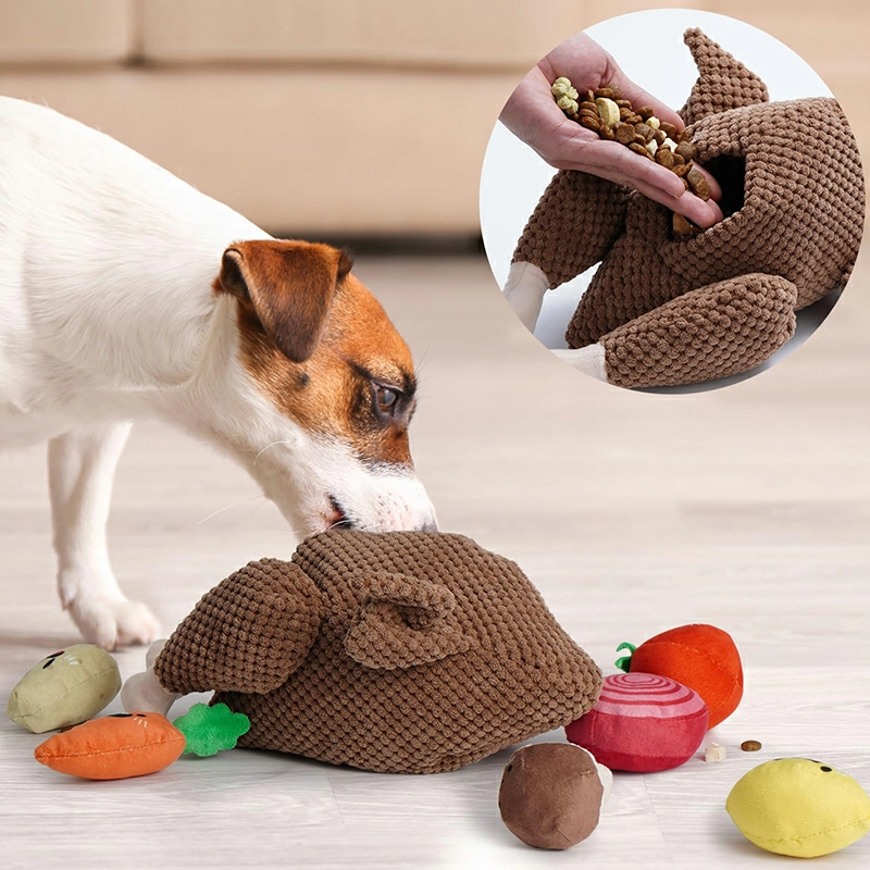 Treat-hiding plush dog toy with soft pockets and folds designed for sniffing, searching, and slow enrichment play