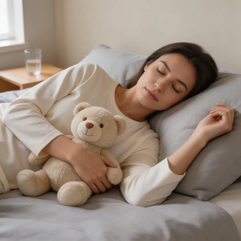 Adult resting in bed while holding a soft medium-sized stuffed animal as part of a bedtime routine