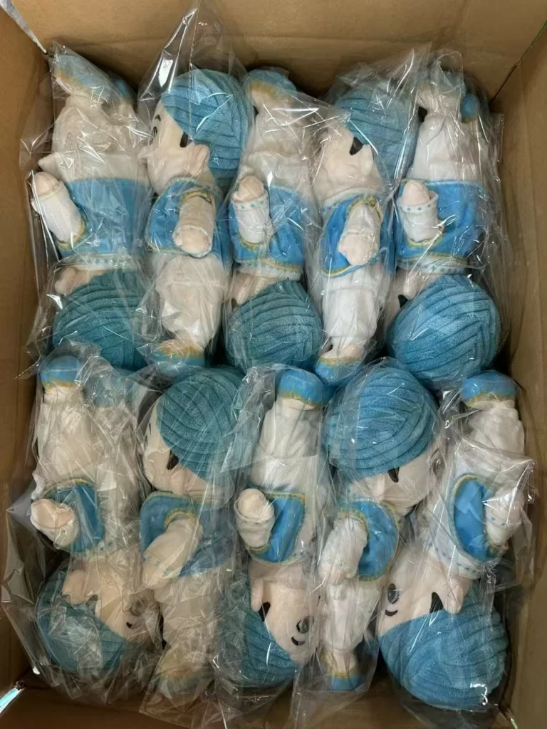 Custom plush project shown across prototype, revision, bulk production and shipping stages