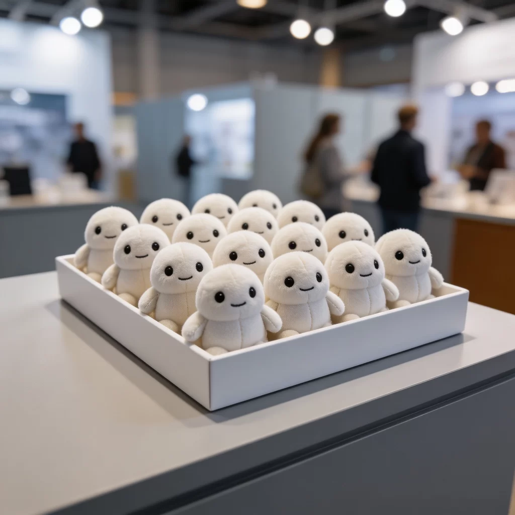 Mini mascot plush toys displayed at an exhibition booth for visitor giveaways