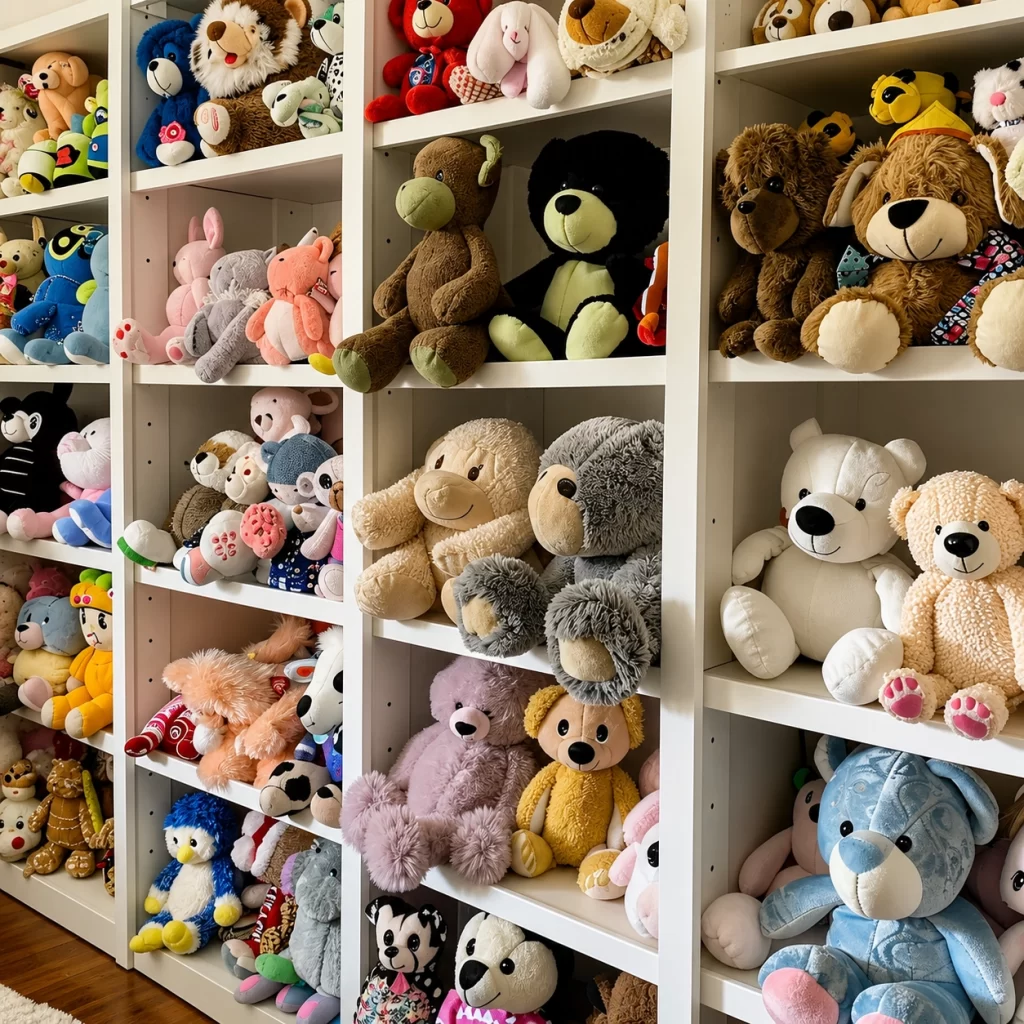 Plush toys sorted into display, protected display, and long-term storage groups