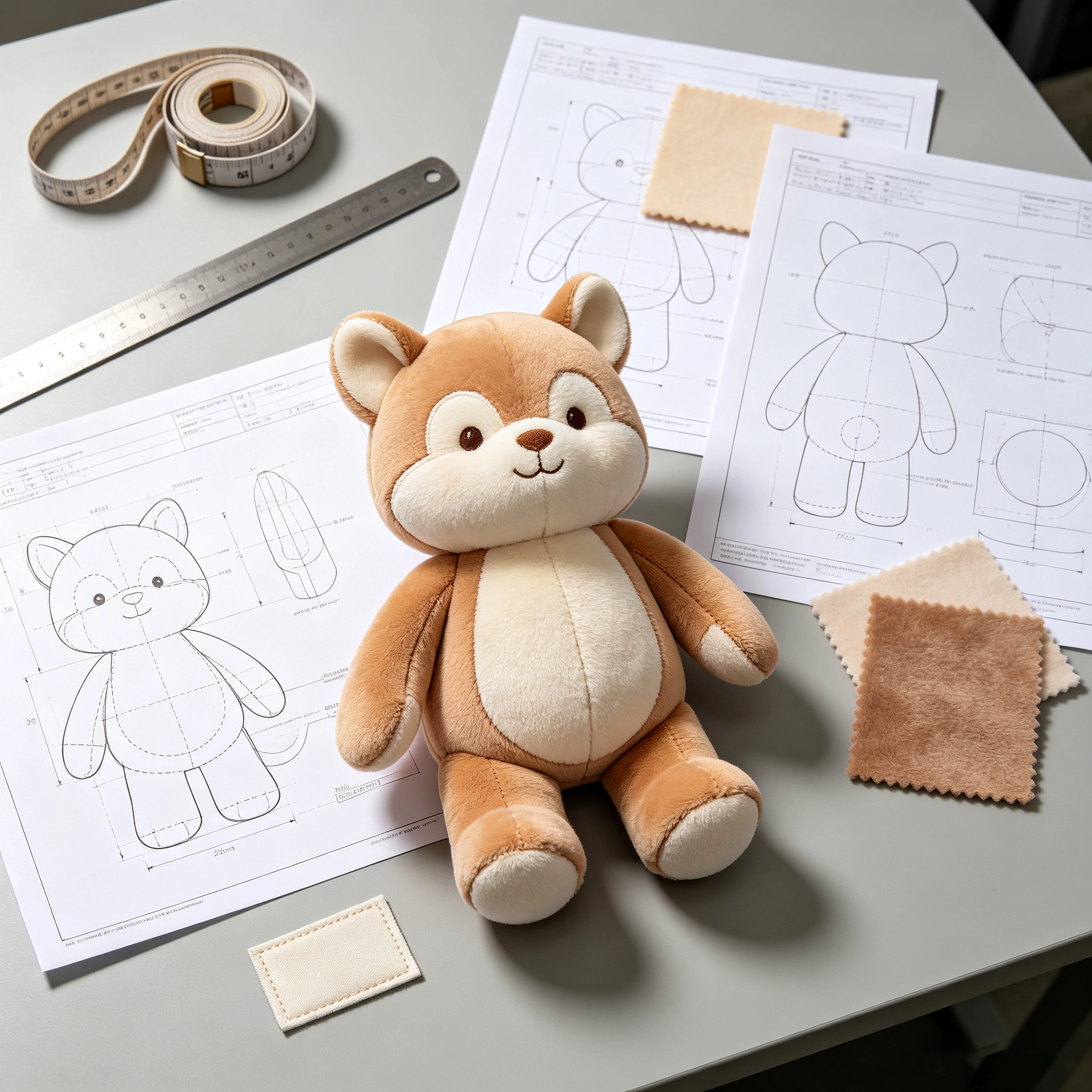 Custom plush prototype reviewed beside dimension drawings, fabric swatches and production specifications