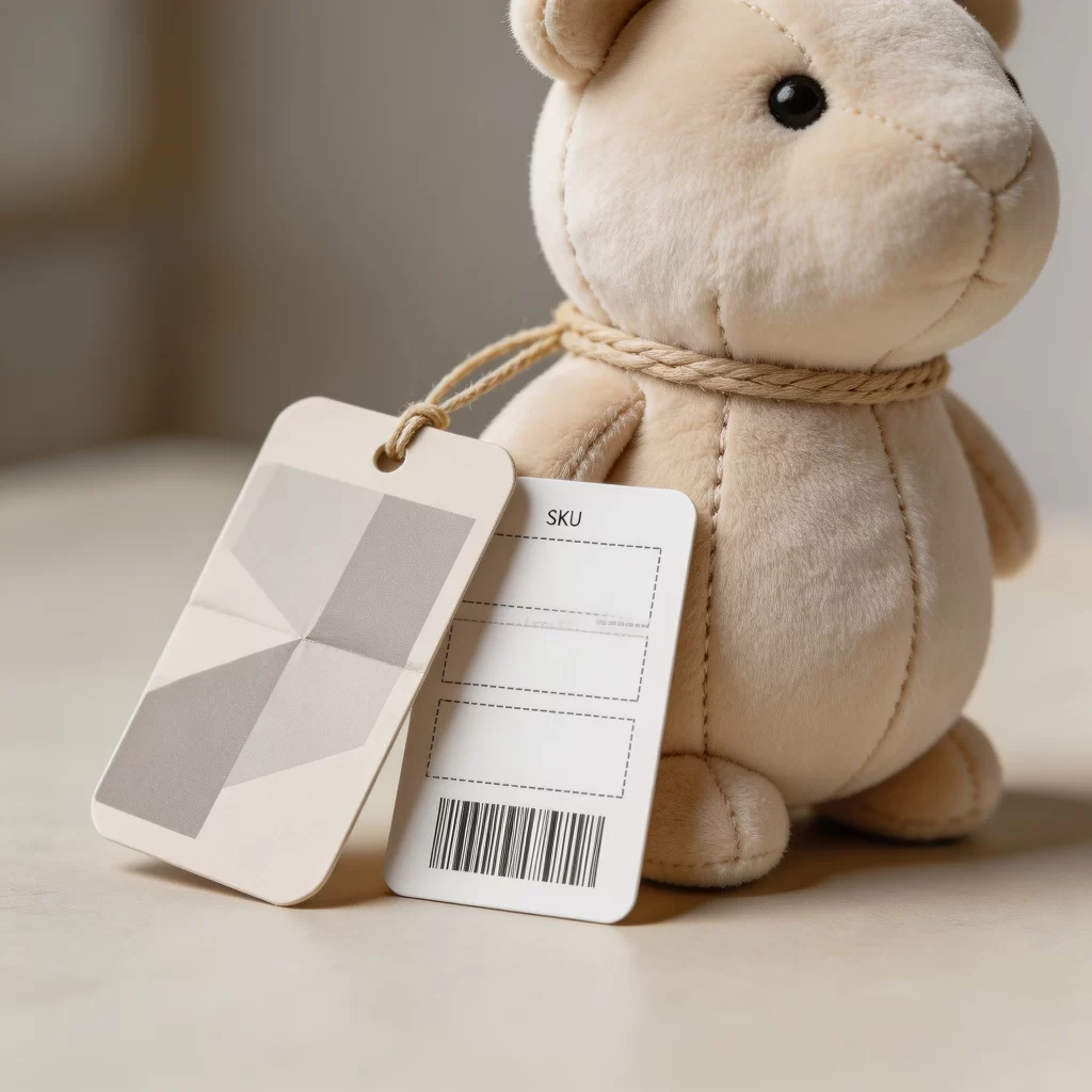 Two-sided hang tag layout attached to an unbranded plush toy with separate areas for branding and retail product data