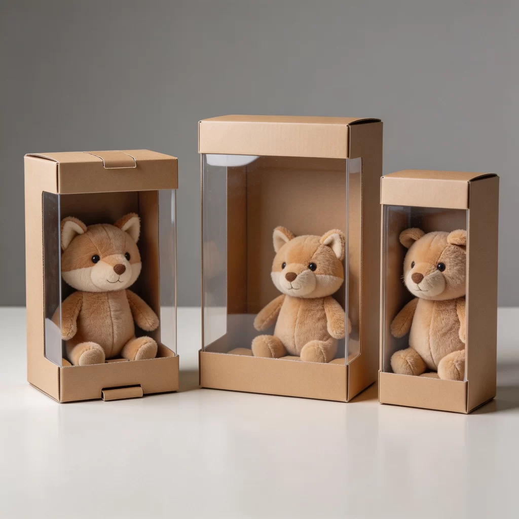 Plush toys positioned upright inside correctly sized retail display boxes with clear front windows