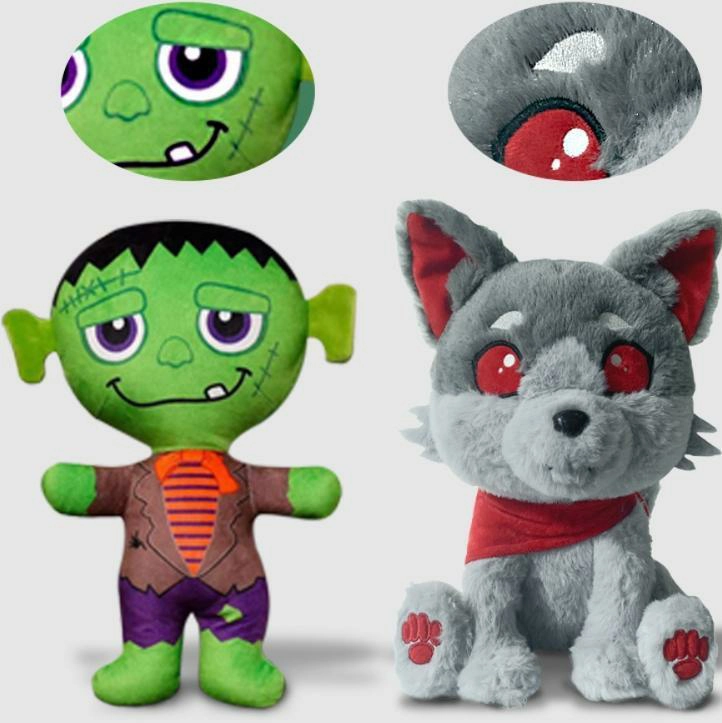 Three unbranded plush prototypes showing different levels of fabric, embroidery and accessory complexity