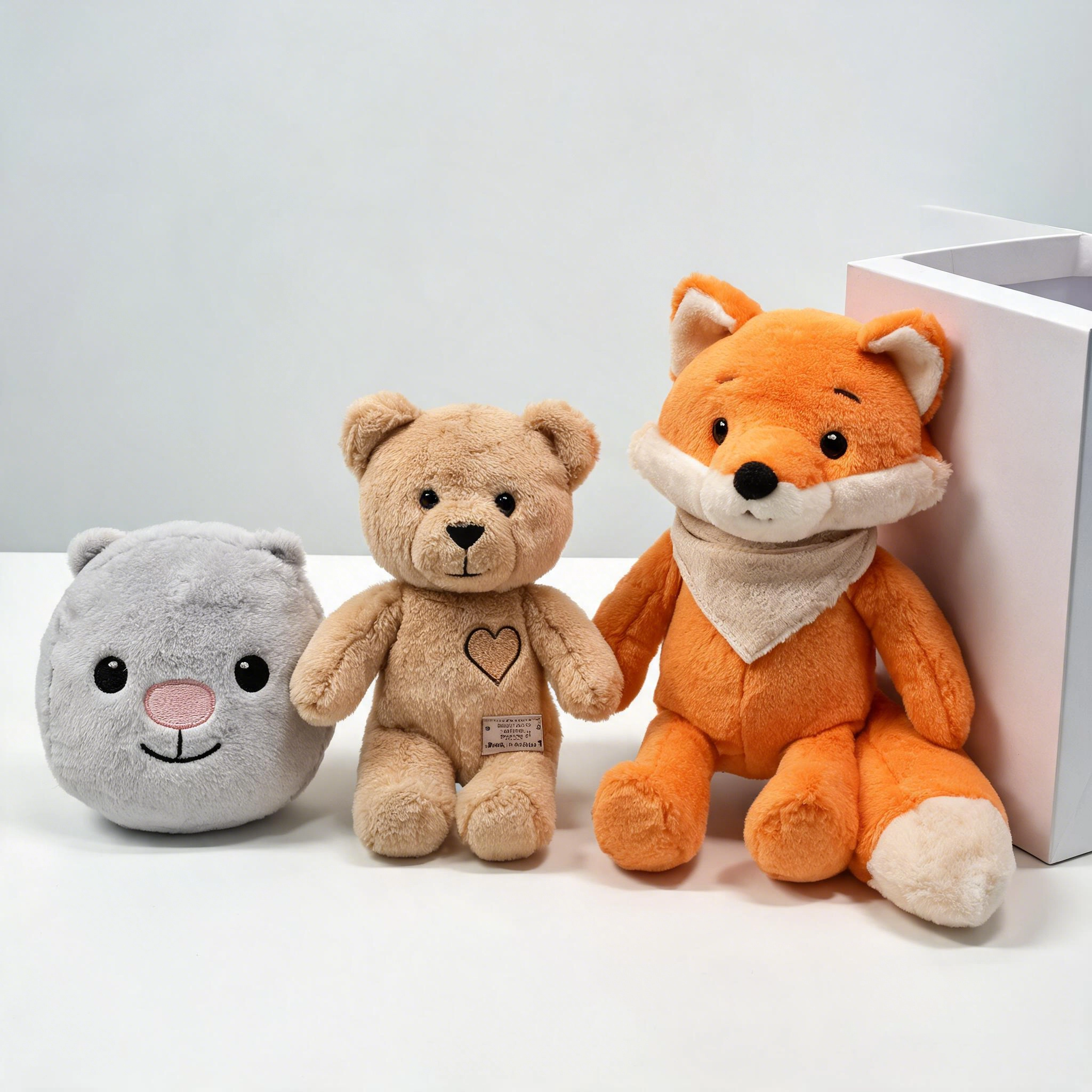 Comparison of three custom plush samples showing differences in size, embroidery detail, accessories, and packaging complexity