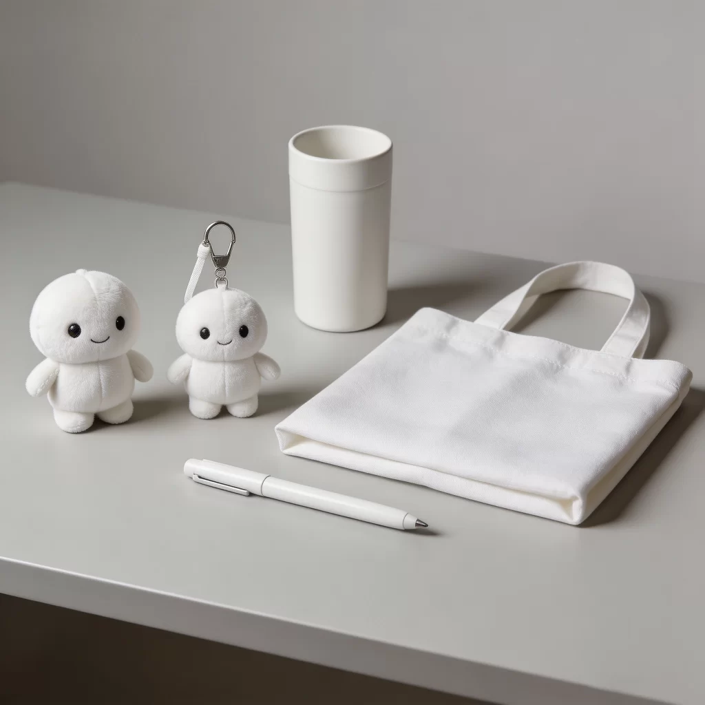 Comparison of a mini plush, plush keychain, pen, tote bag and drink bottle used as event giveaways