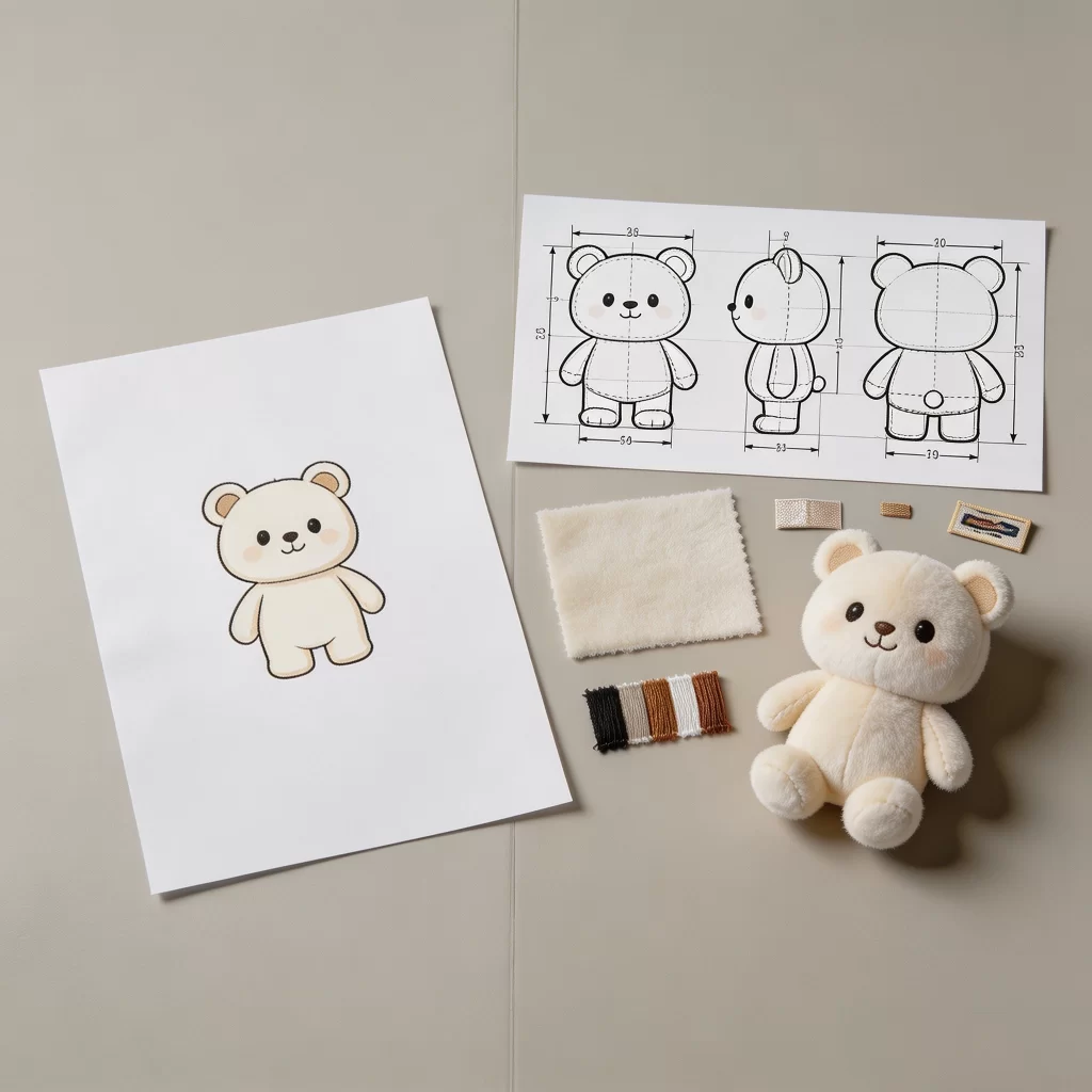 Single character concept compared with multi-view plush development references and material specifications