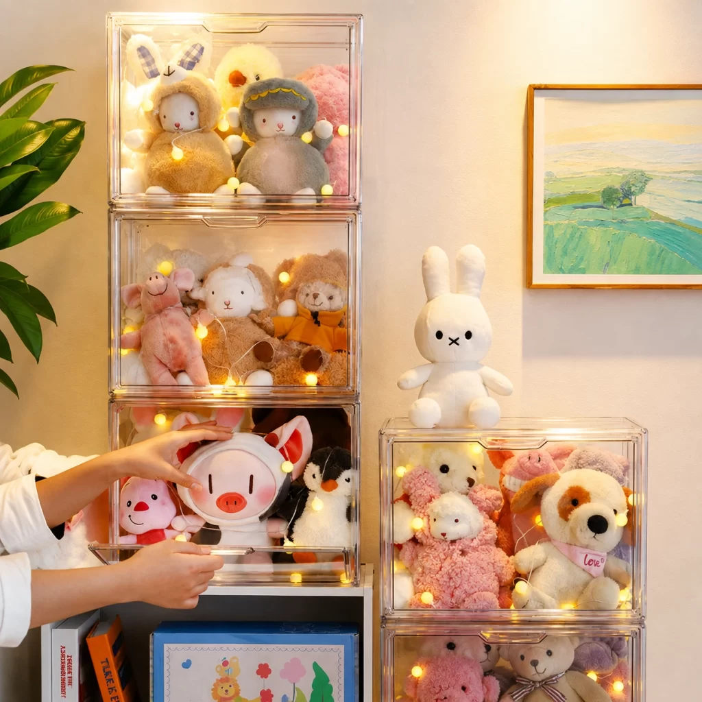 Plush toys displayed inside a clear cabinet to reduce dust exposure