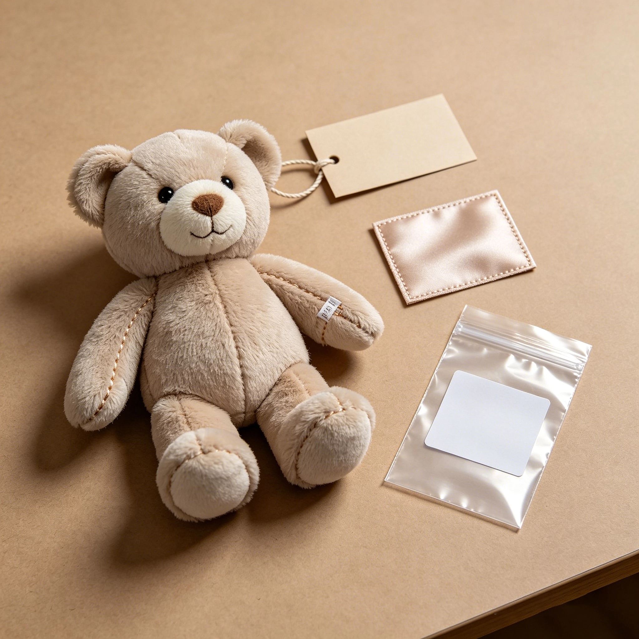 Plush prototype showing the different positions of a removable paper hang tag, sewn fabric label and outer packaging label