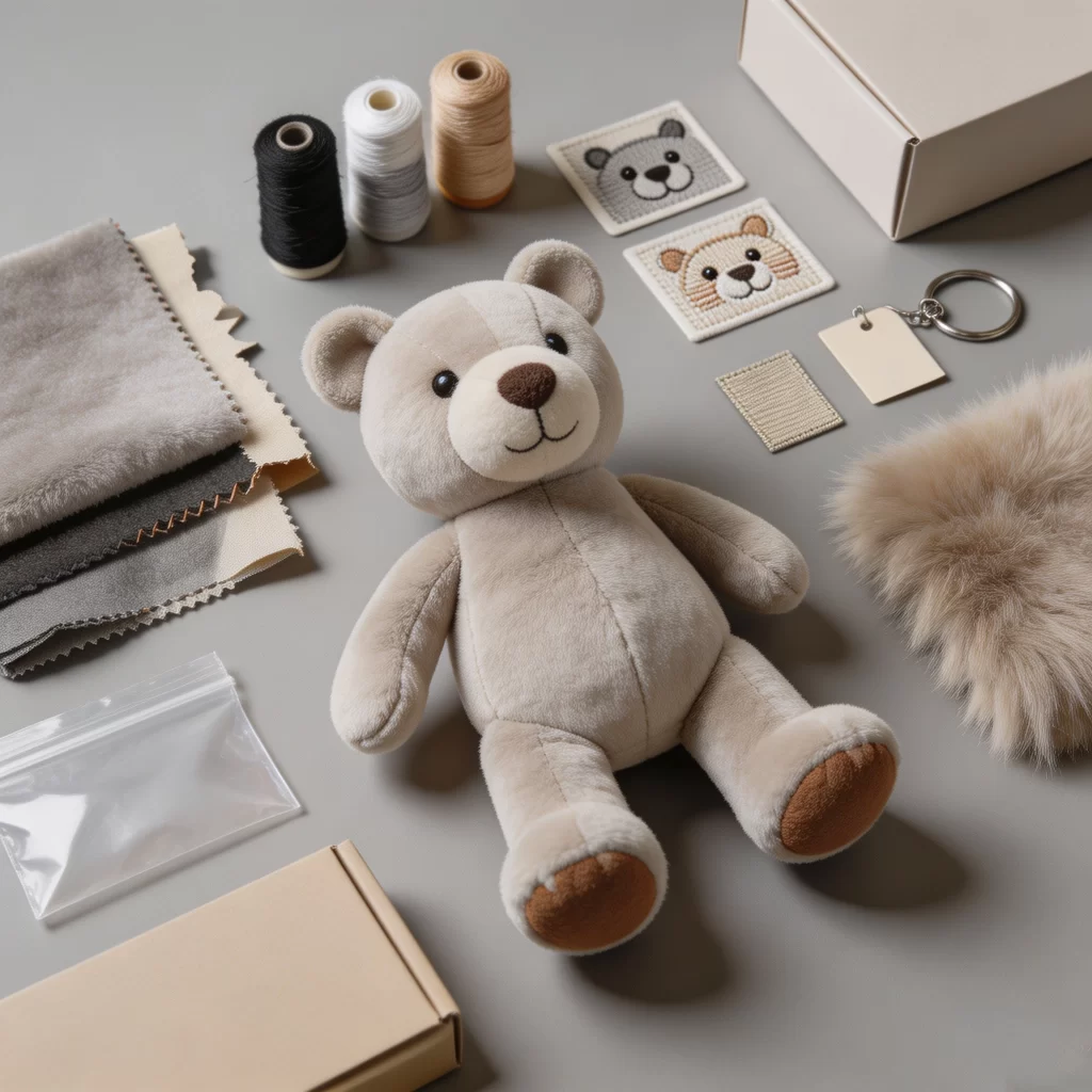 Custom plush prototype surrounded by fabric swatches, embroidery samples, labels, hardware and blank packaging components