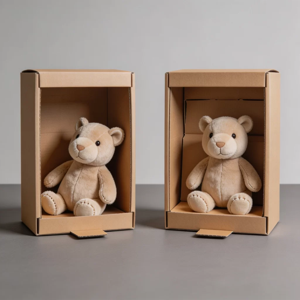 Paperboard insert holding a plush character upright inside a retail display box
