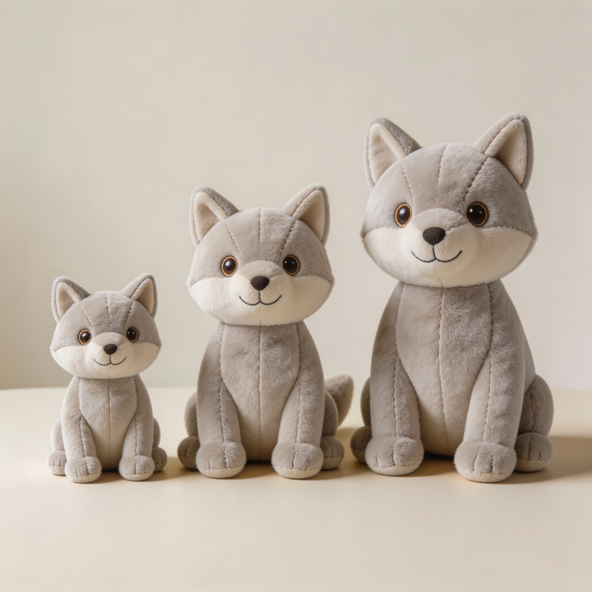 Three realistic stuffed animals in increasing sizes arranged for wholesale assortment comparison.