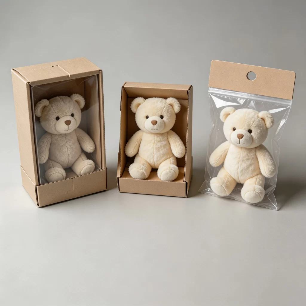 Window box, open display box and header card packaging compared using similar small plush toys