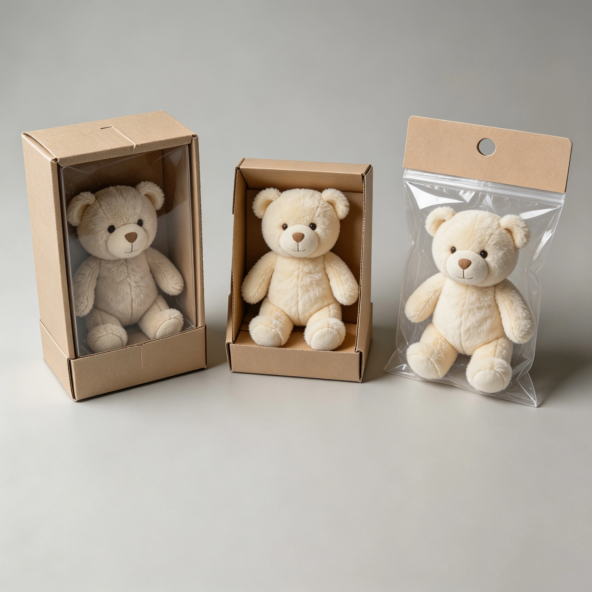 Window box, open display box and header card packaging compared using similar small plush toys