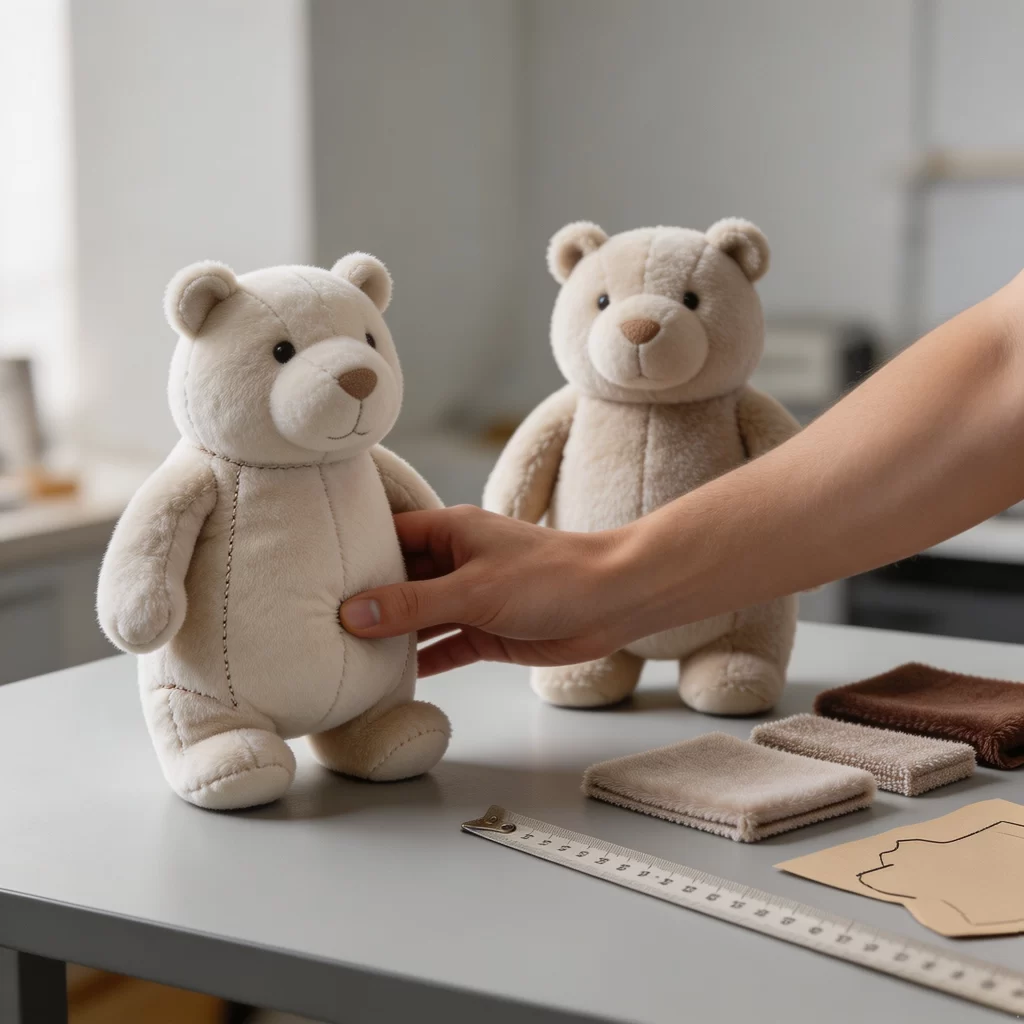 Two soft plush prototypes with different stuffing levels being compared on a product development table