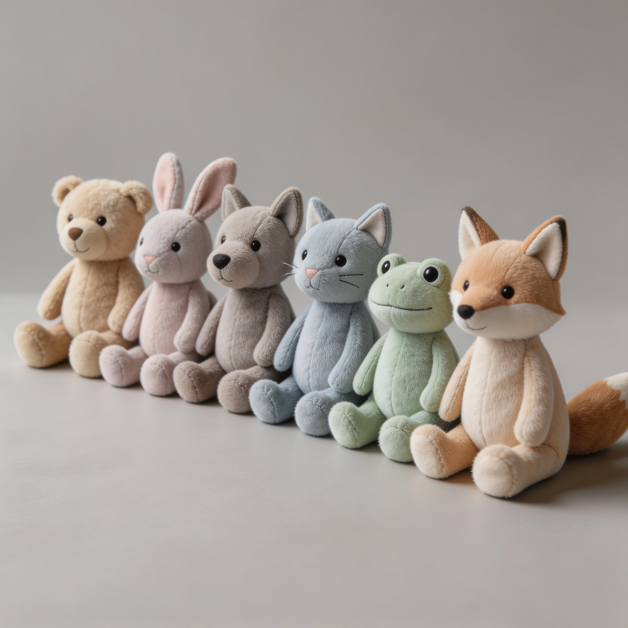 Different animal plush prototypes sharing consistent colors, embroidery and facial design.